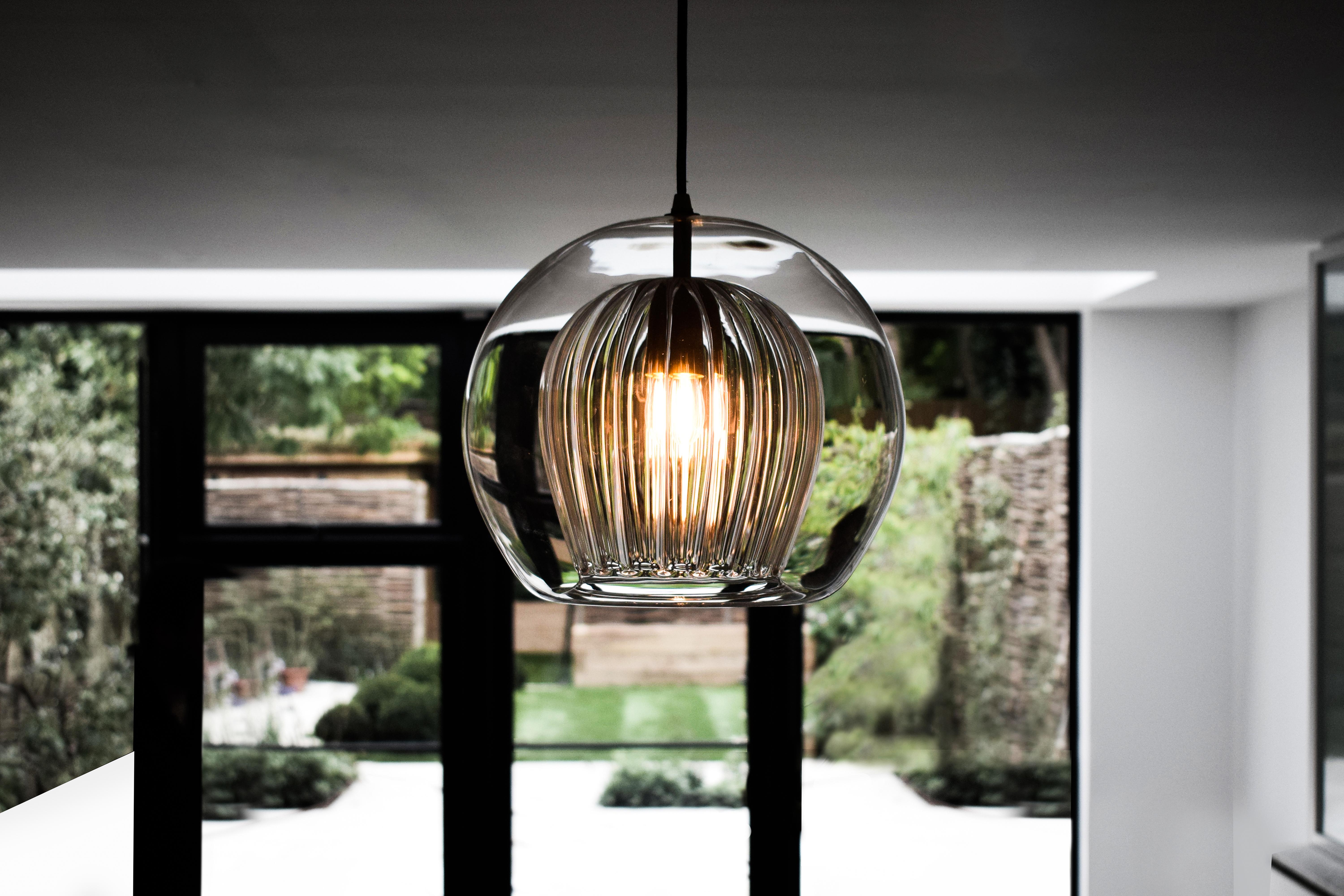 Modern Pleated Crystal Pendant Lamp Small, Clear Ribbed Glass & Brass with E26/27 Bulb For Sale