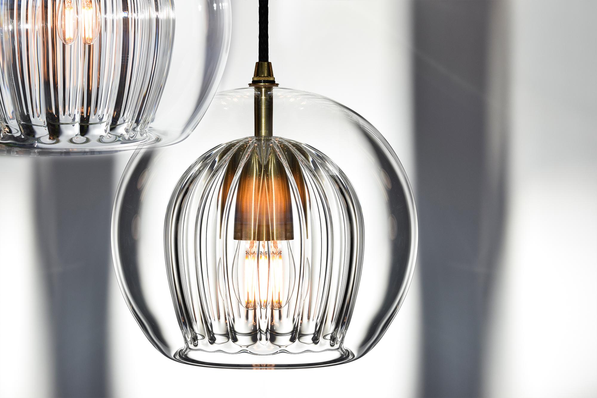 Other Pleated Crystal Pendant Lamp Small, Clear Ribbed Glass & Brass with E26/27 Bulb For Sale