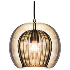 Pleated Crystal Pendant Lamp Small, Smoke Ribbed Glass & Brass with E26/27 Bulb