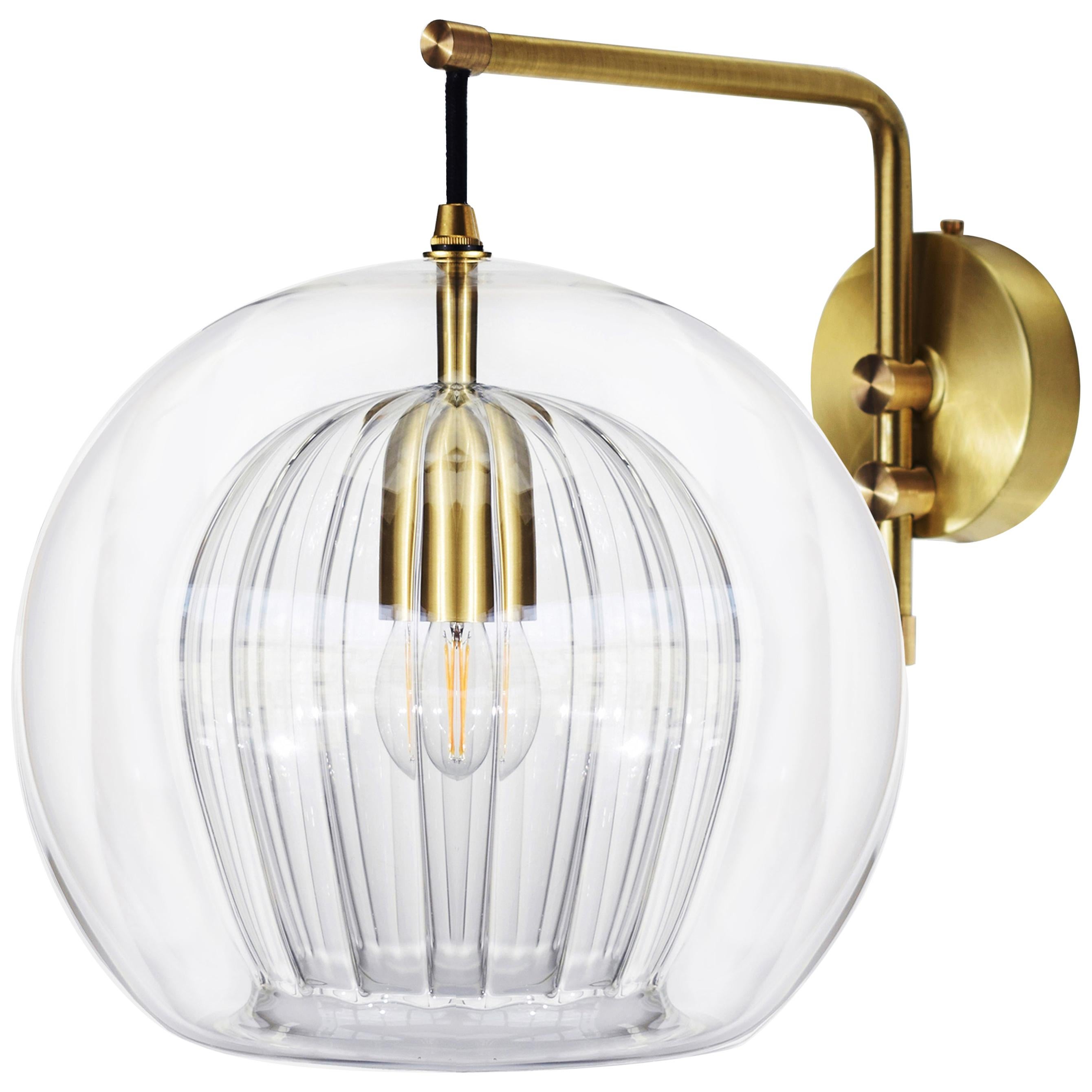 Pleated Crystal Wall Light Large, Clear Ribbed Glass and Brass with E26/27 Bulb For Sale