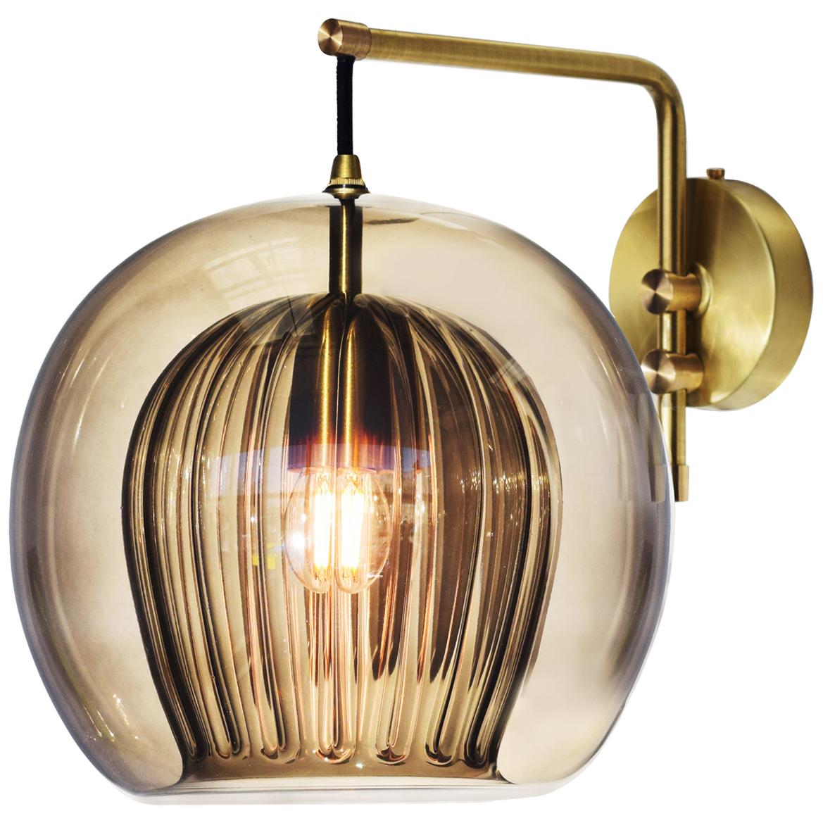 Pleated Crystal Wall Light Medium, Smoke Ribbed Glass and Brass with E26/27 Bulb For Sale