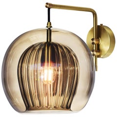 Antique Pleated Crystal Wall Light Medium, Smoke Ribbed Glass and Brass with E26/27 Bulb