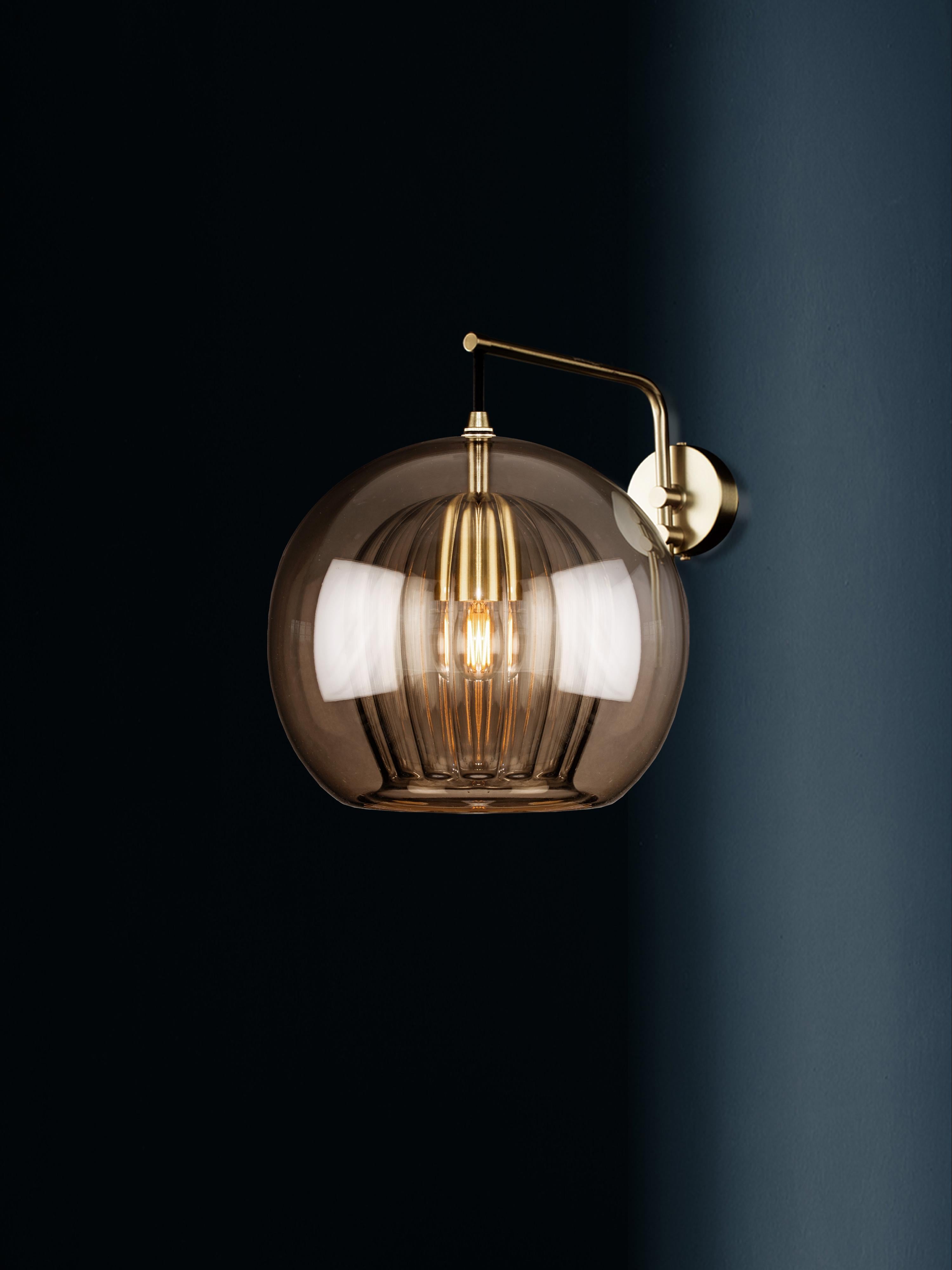 Modern Pleated Crystal Wall Light Small, Smoke Ribbed Glass and Brass with E26/27 Bulb For Sale