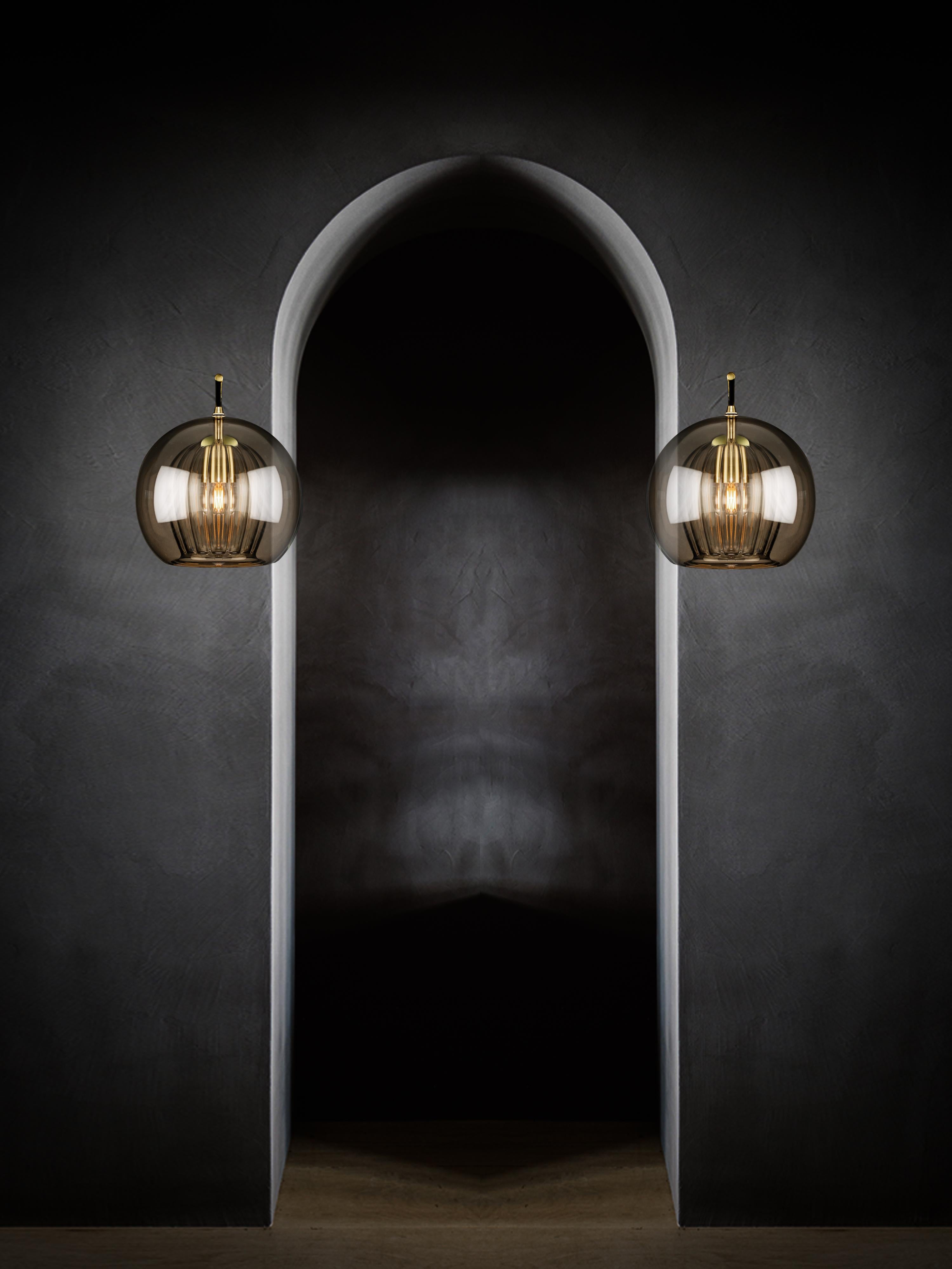British Pleated Crystal Wall Light Small, Smoke Ribbed Glass and Brass with E26/27 Bulb For Sale