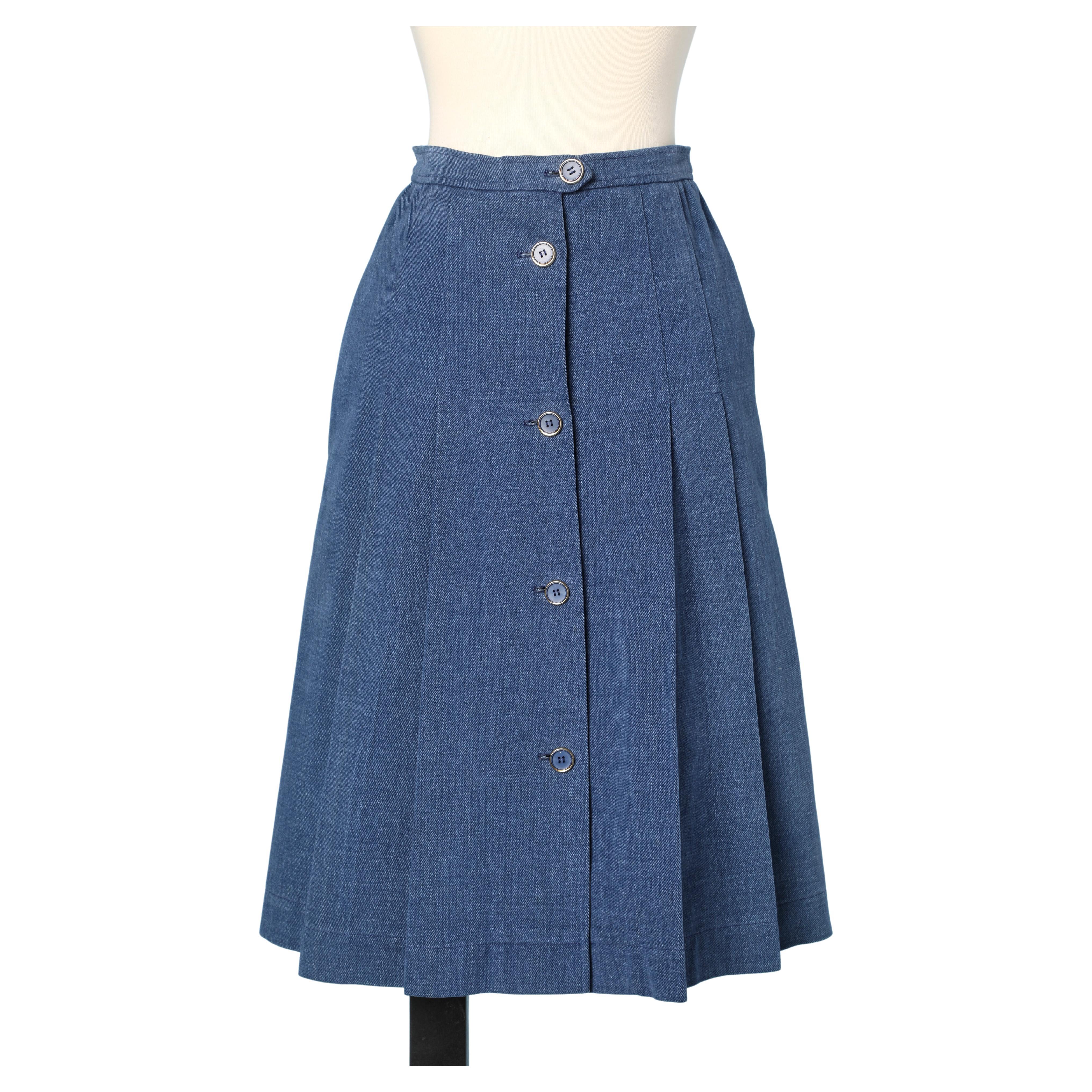 Pleated denim cotton skirt with buttons Saint Laurent Rive Gauche 