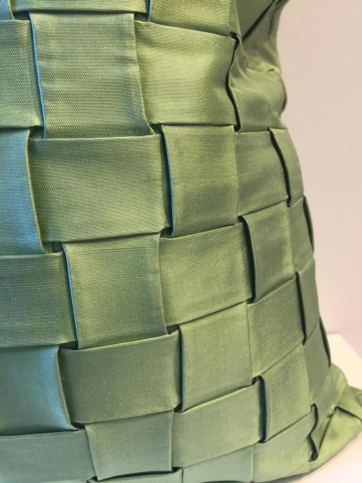 Modern Pleated Silk Cushion Basket Weave Pattern Color Green