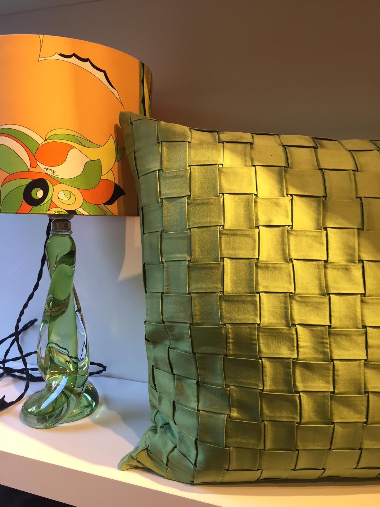 Embossed Pleated Silk Cushion Basket Weave Pattern Color Green