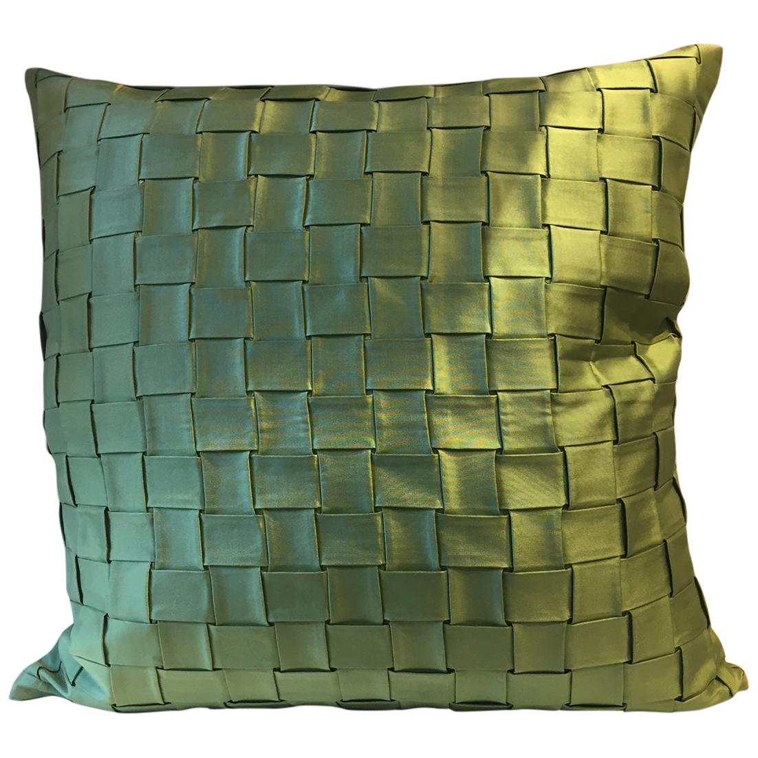 Pleated Silk Cushion Basket Weave Pattern Color Green