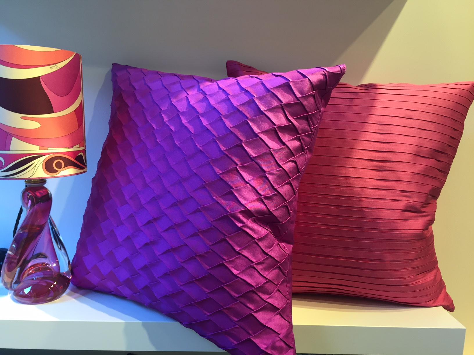 German Pleated Silk Cushion Fish Scale Pattern Color Orchid For Sale