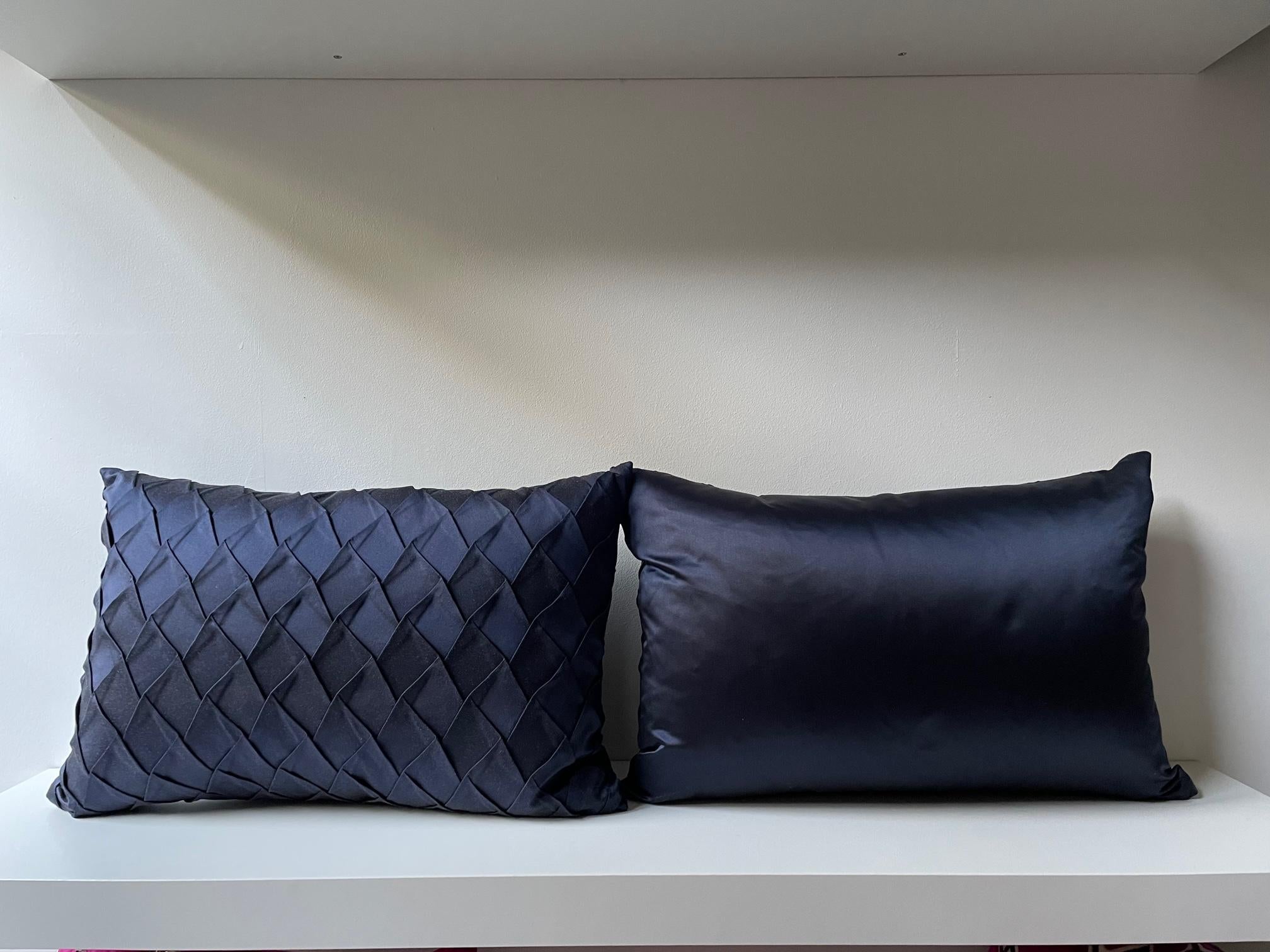 German Pleated Silk Cushions Opal Pattern Color Dark Blue Oblong Shape For Sale