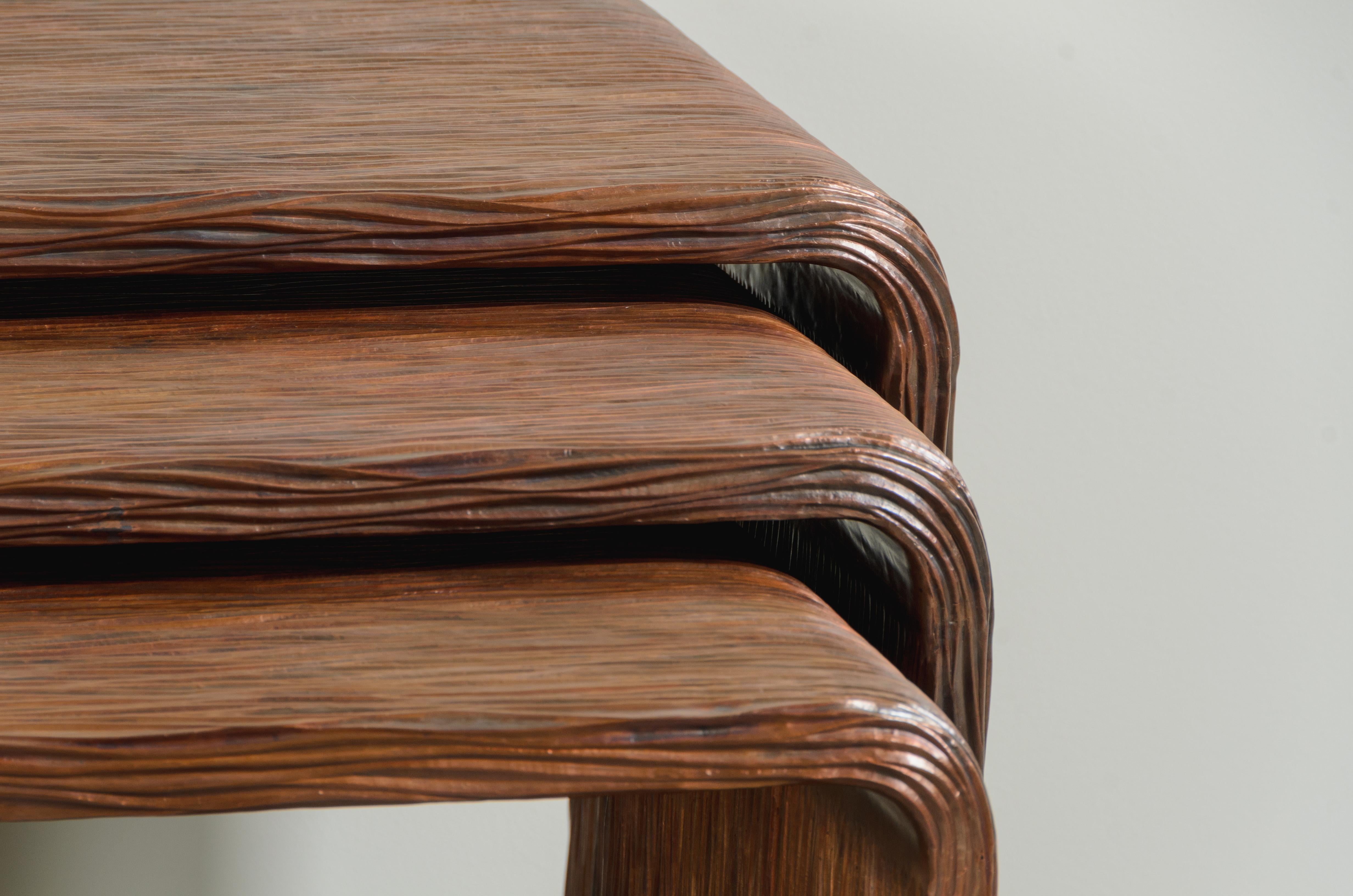 Pleats Design Nesting Table (Set of 3) in Repoussé Copper by Robert Kuo In New Condition For Sale In Los Angeles, CA