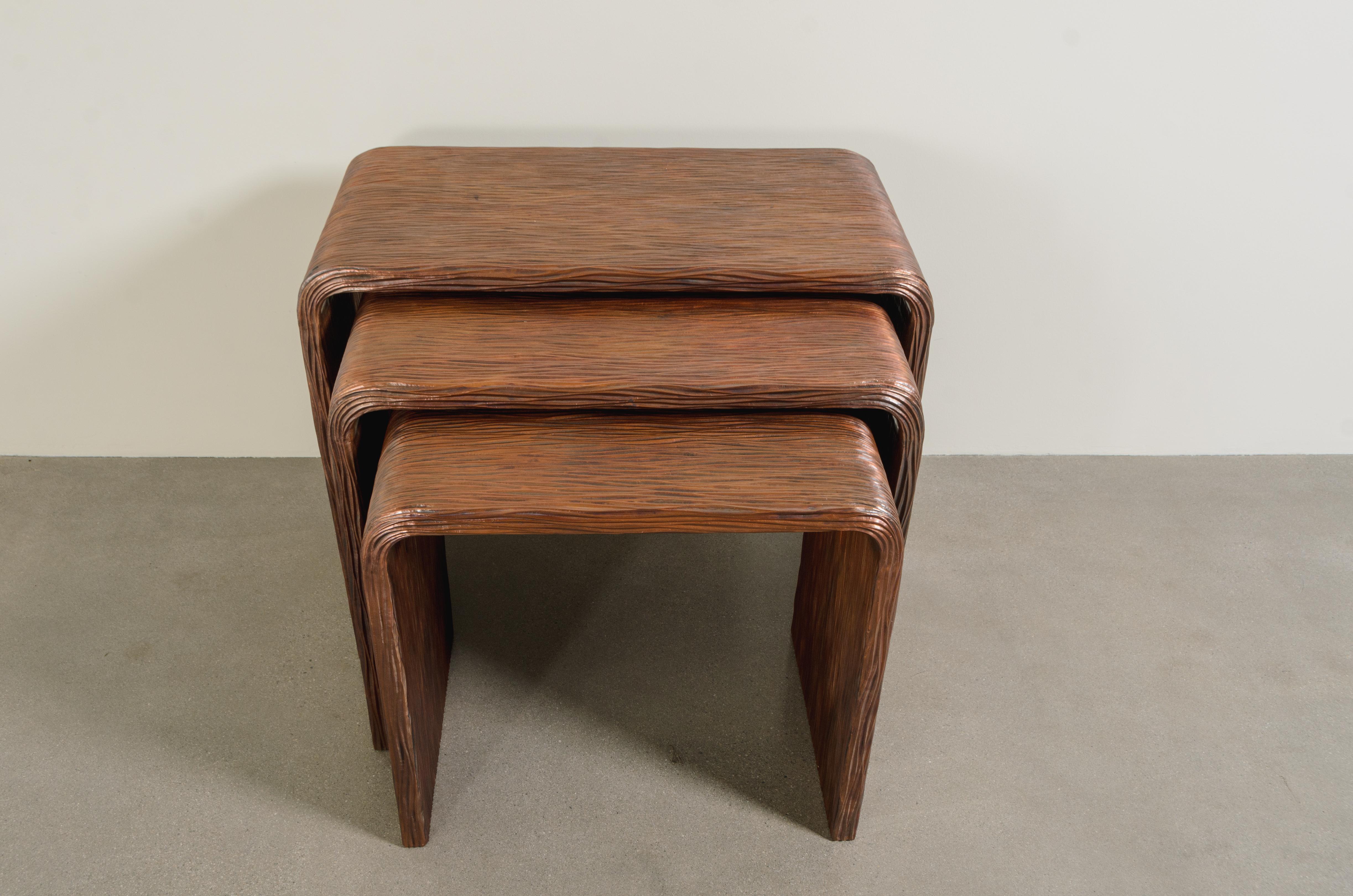 Contemporary Pleats Design Nesting Table (Set of 3) in Repoussé Copper by Robert Kuo For Sale