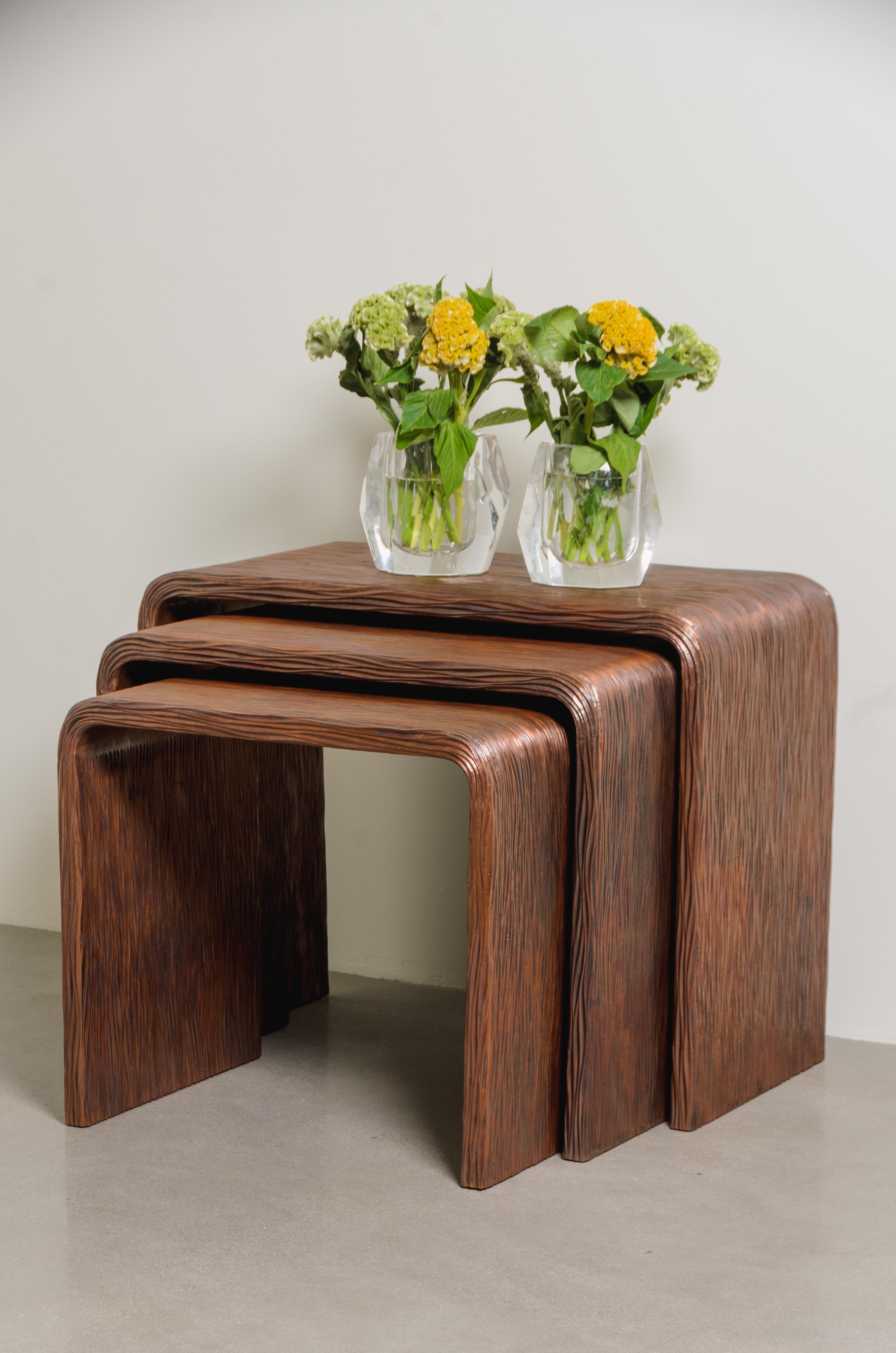 Pleats Design Nesting Table (Set of 3) in Repoussé Copper by Robert Kuo For Sale 2