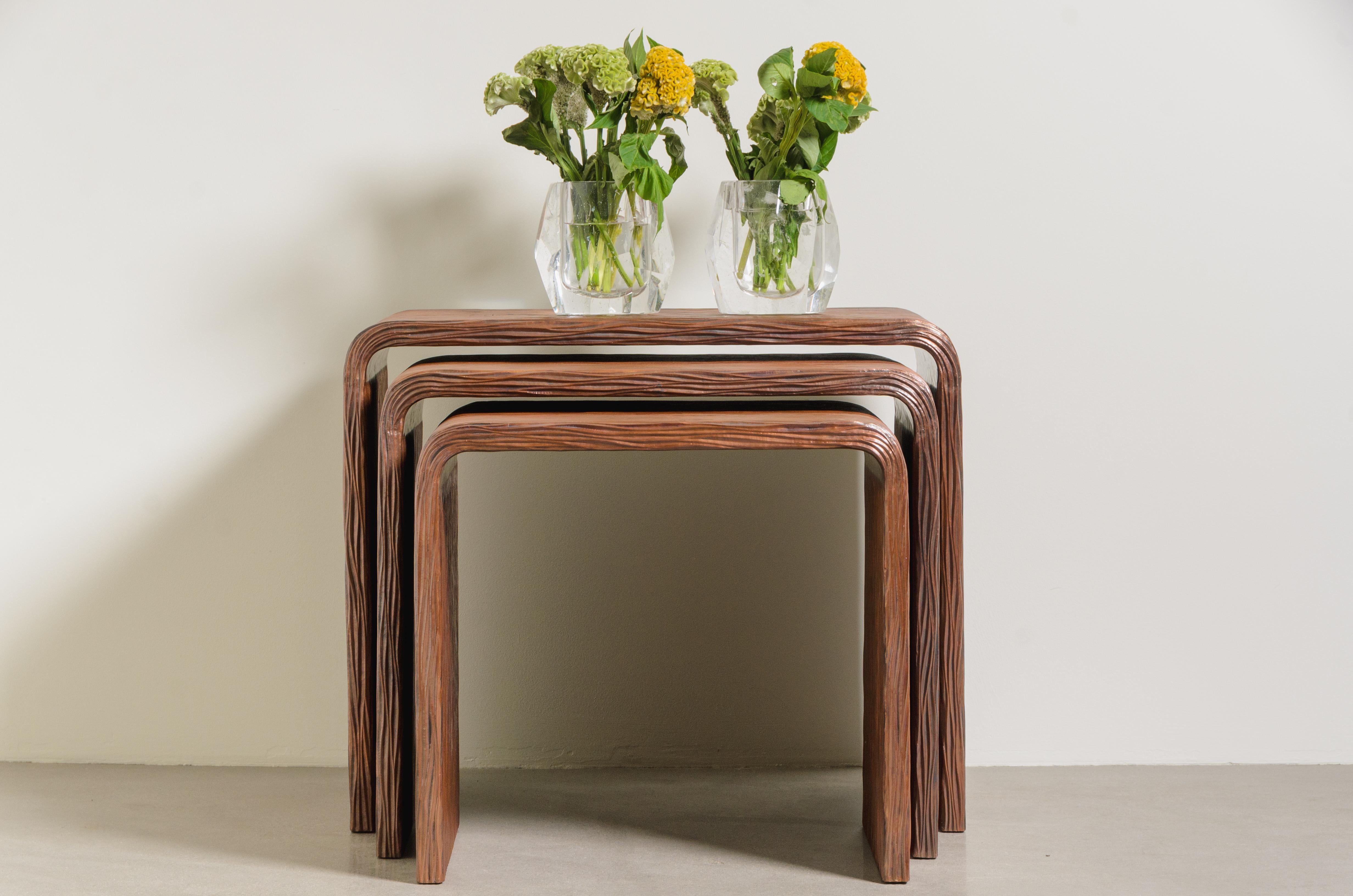 Pleats Design Nesting Table (Set of 3) in Repoussé Copper by Robert Kuo For Sale 3
