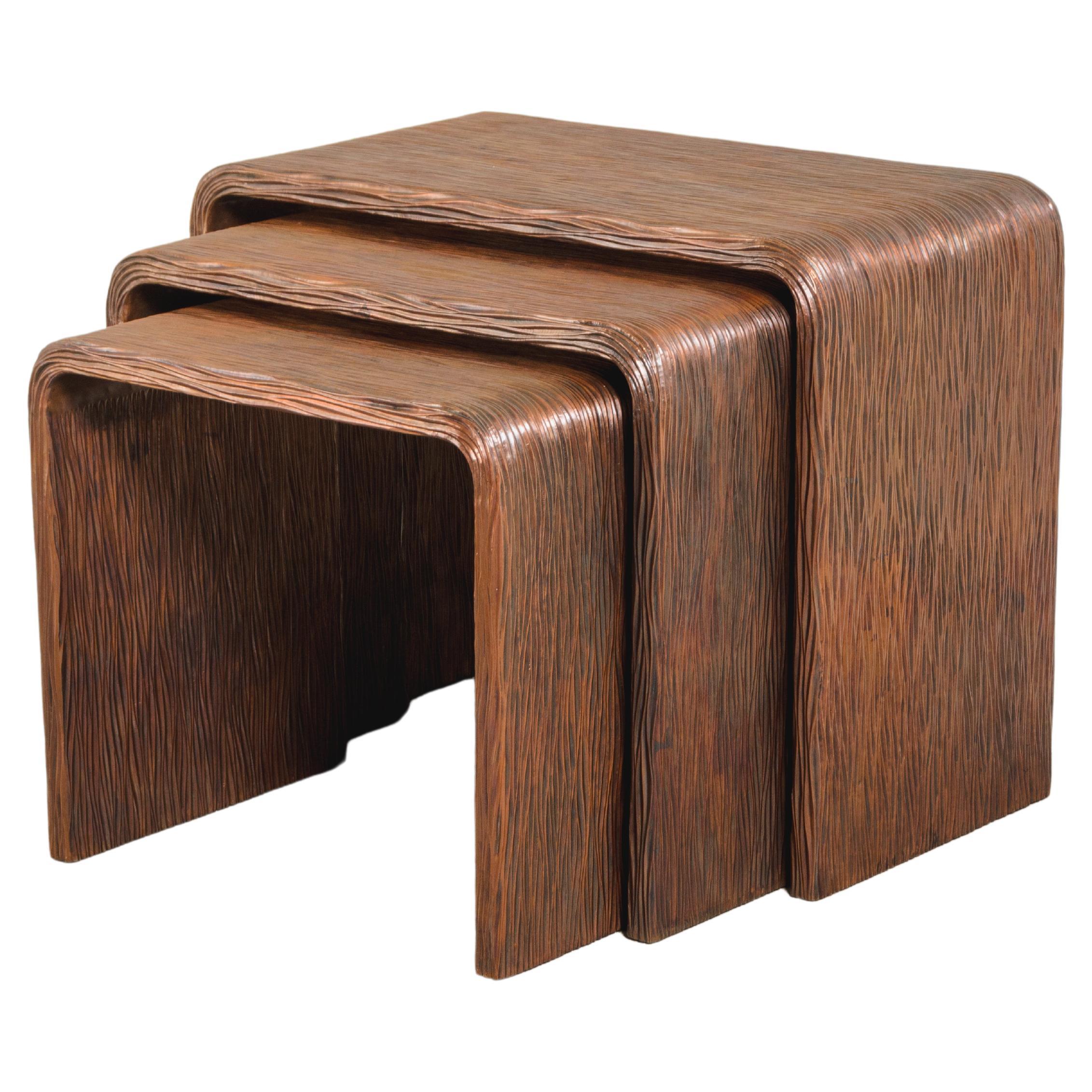 Pleats Design Nesting Table (Set of 3) in Repoussé Copper by Robert Kuo For Sale