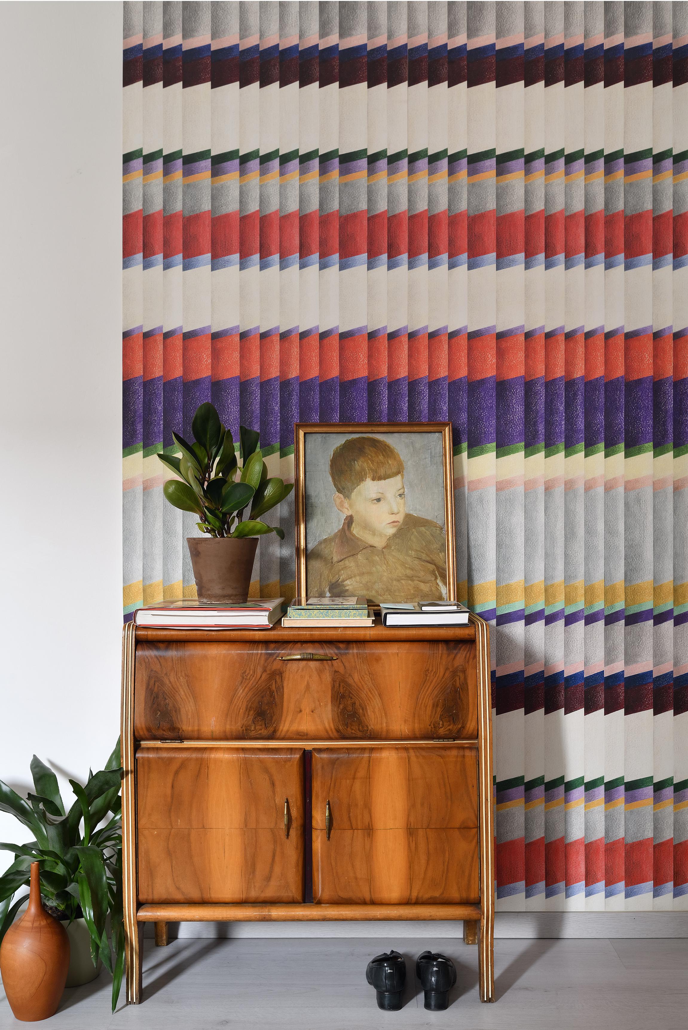 With its beautiful peach touch tnt base, Pleats! wallcovering features an original and unique coloring technique that brings out the surface texture in rich shades creating a chiaroscuro effect that appears to move the wall with a sophisticated