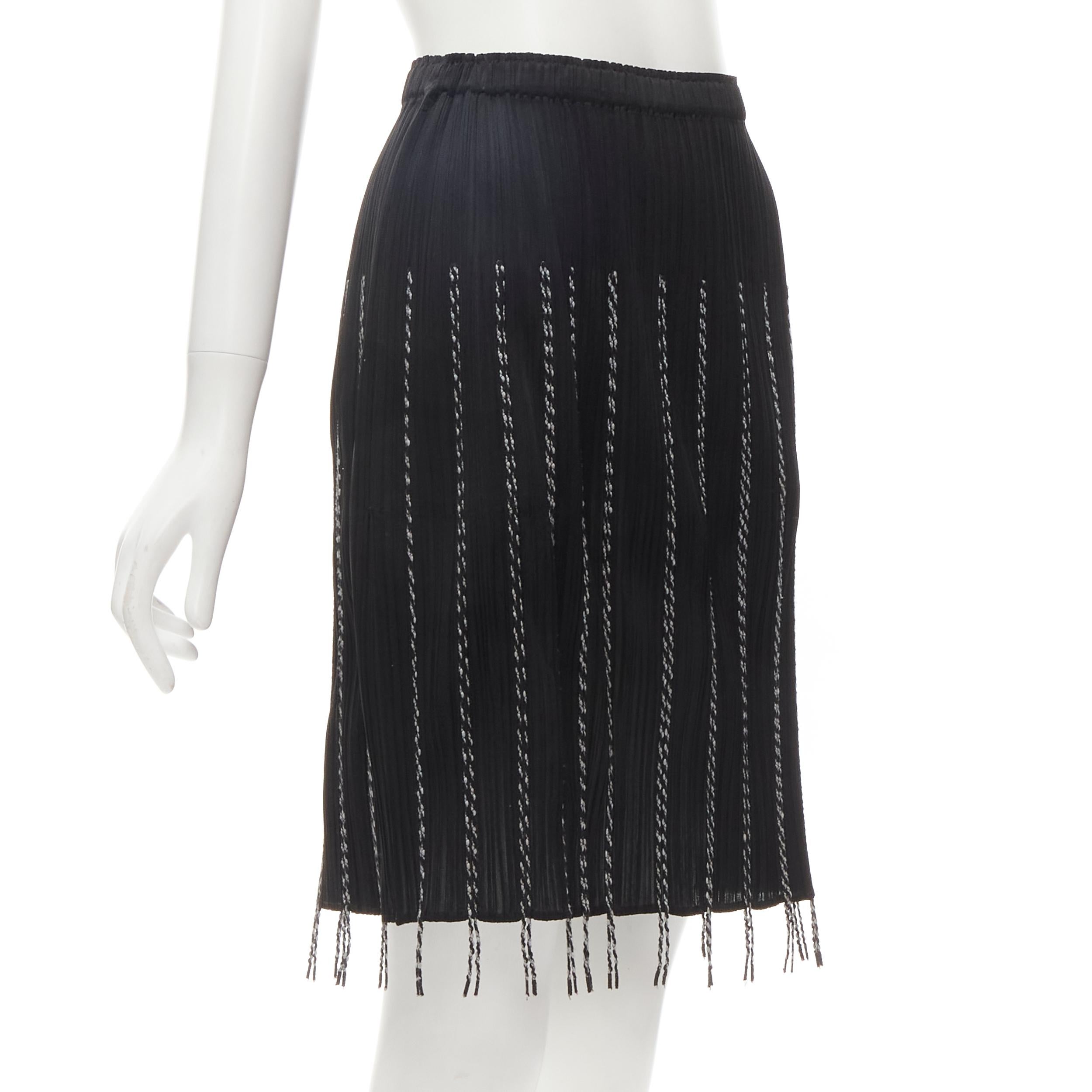 Black PLEATS PLEASE ISSEY MIYAKE black plisse pleated white fringe trim skirt JP3 L For Sale