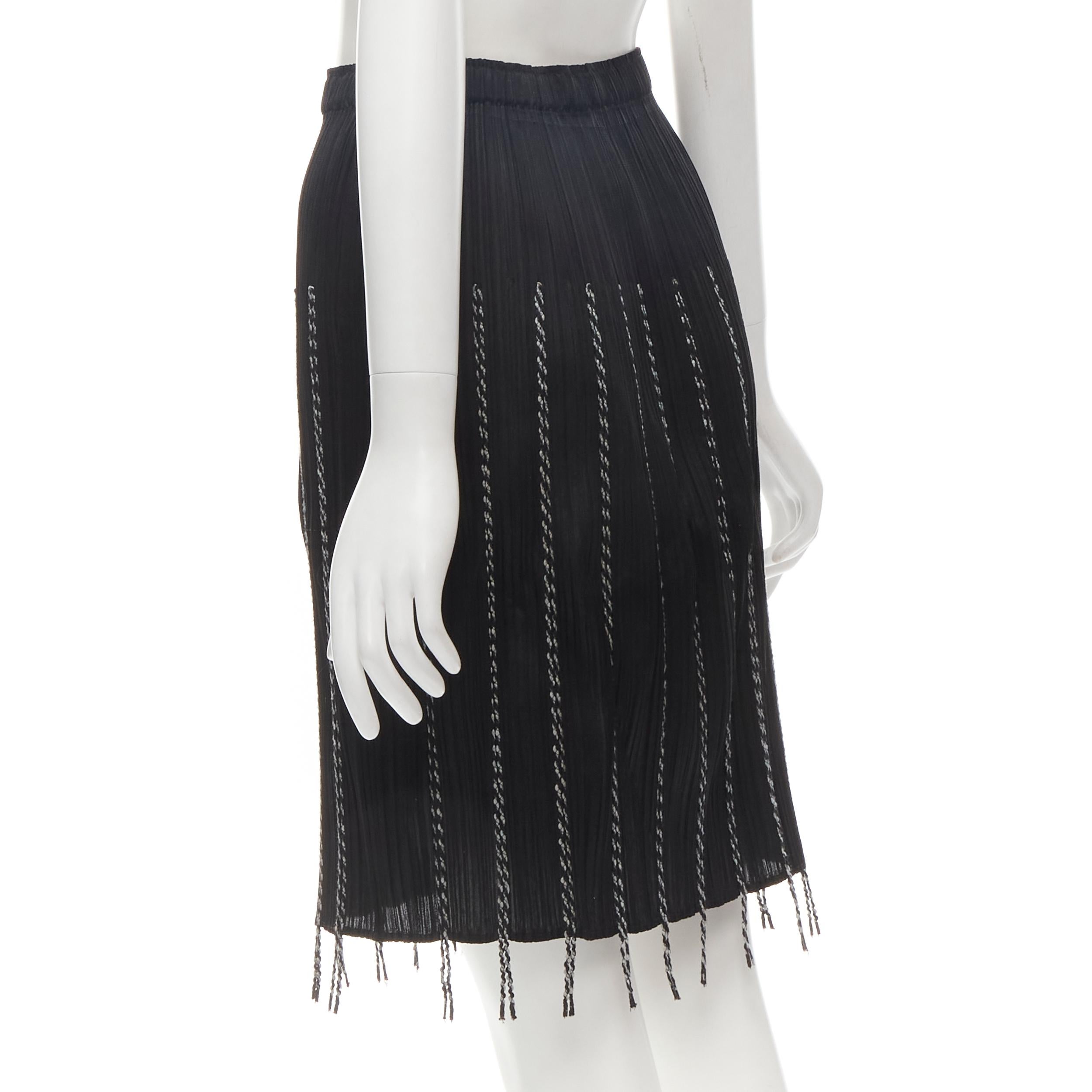 PLEATS PLEASE ISSEY MIYAKE black plisse pleated white fringe trim skirt JP3 L For Sale 1