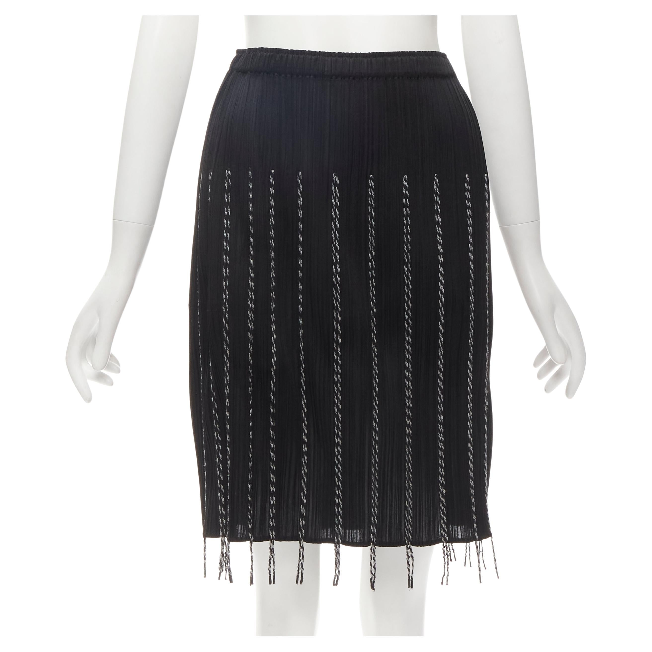 PLEATS PLEASE ISSEY MIYAKE black plisse pleated white fringe trim skirt JP3 L