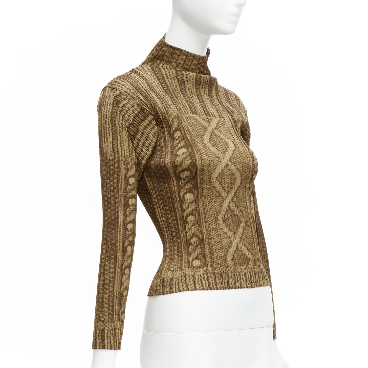PLEATS PLEASE ISSEY MIYAKE brown Tromp Loeil cable knit print plisse top In Excellent Condition In Hong Kong, NT