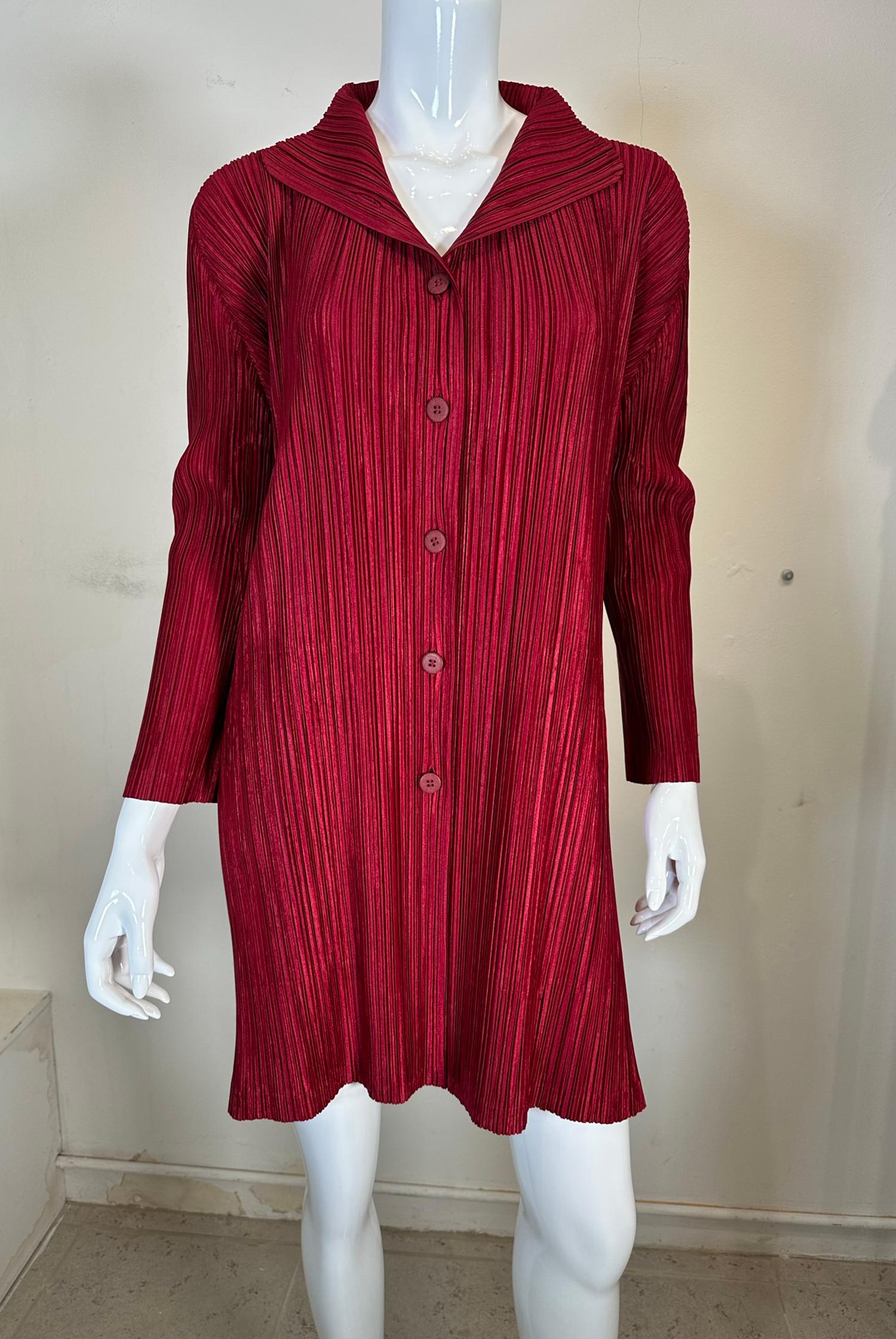 Pleats Please Issey Miyake Burgundy Single Breasted Coat  For Sale 6