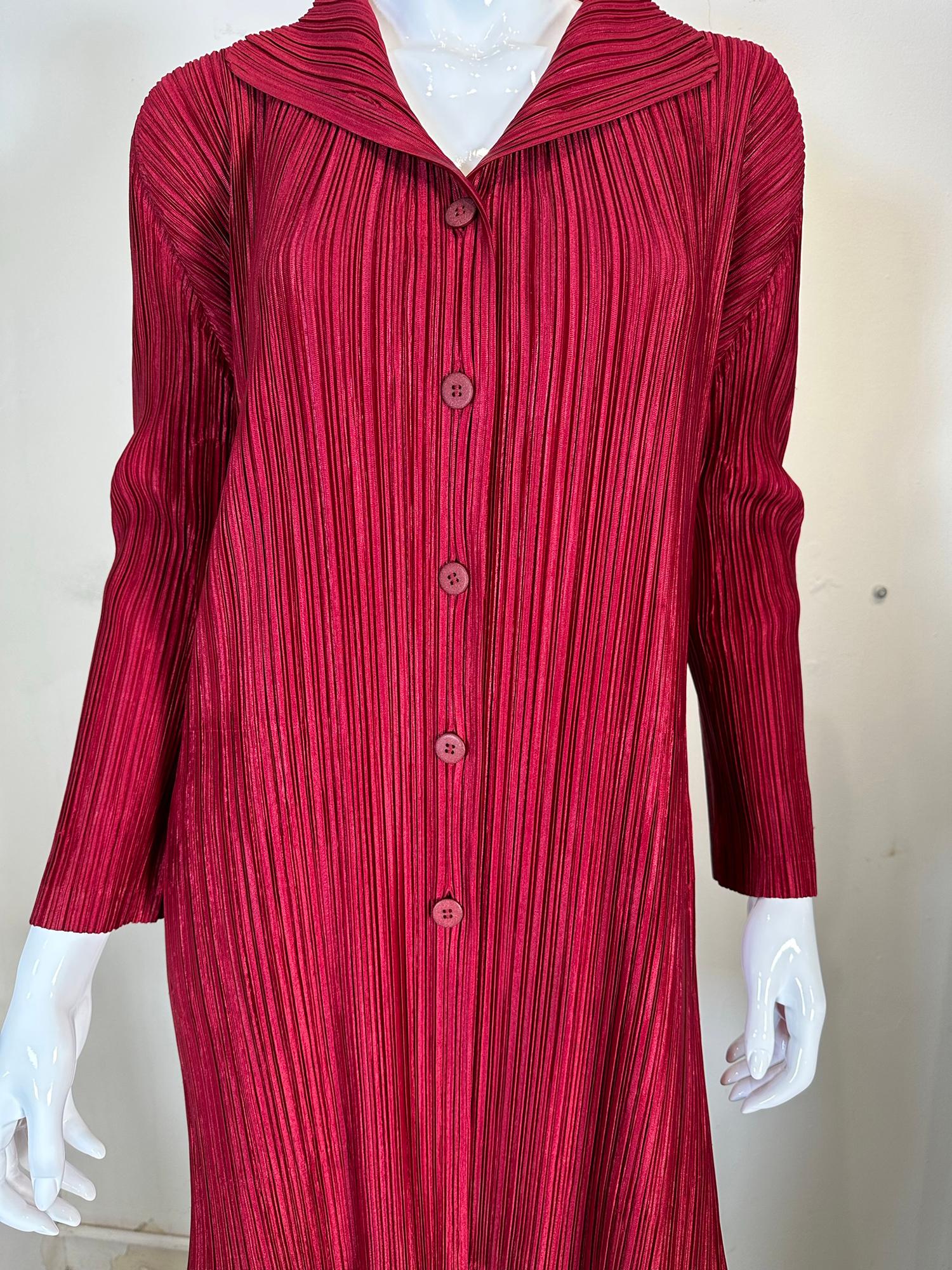 Red Pleats Please Issey Miyake Burgundy Single Breasted Coat  For Sale