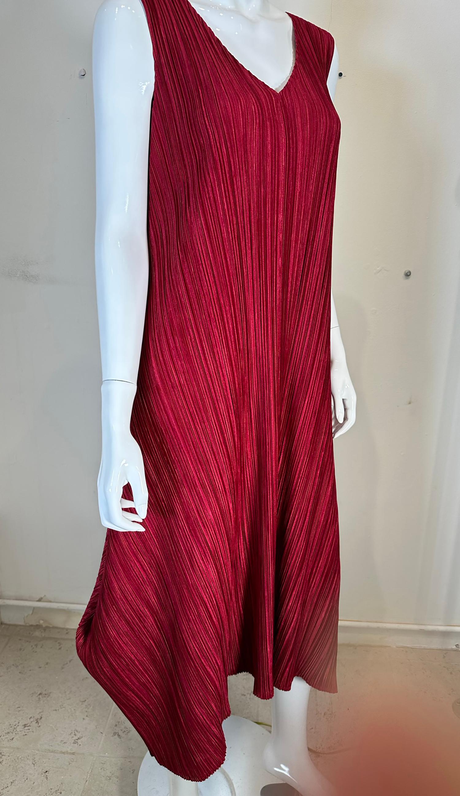 Women's Pleats Please Issey Miyake Burgundy V Neck Sleeveless Shaped Hem Maxi Dress