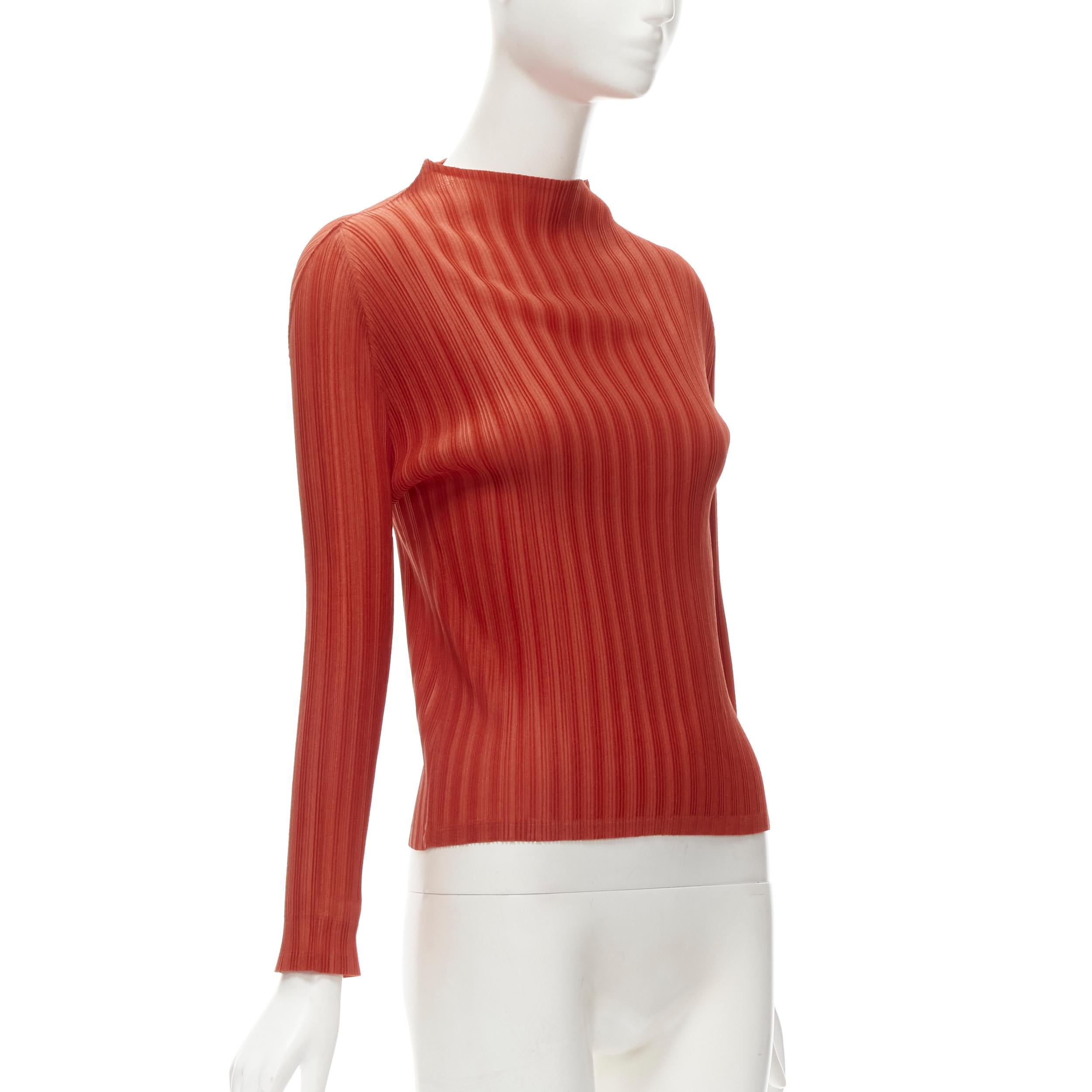 PLEATS PLEASE ISSEY MIYAKE burnt orange pleated plisse mock collar top JP3 L In Excellent Condition In Hong Kong, NT