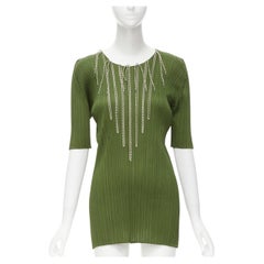 PLEATS PLEASE ISSEY MIYAKE green pleated fringed tunic top Sz. 3 L