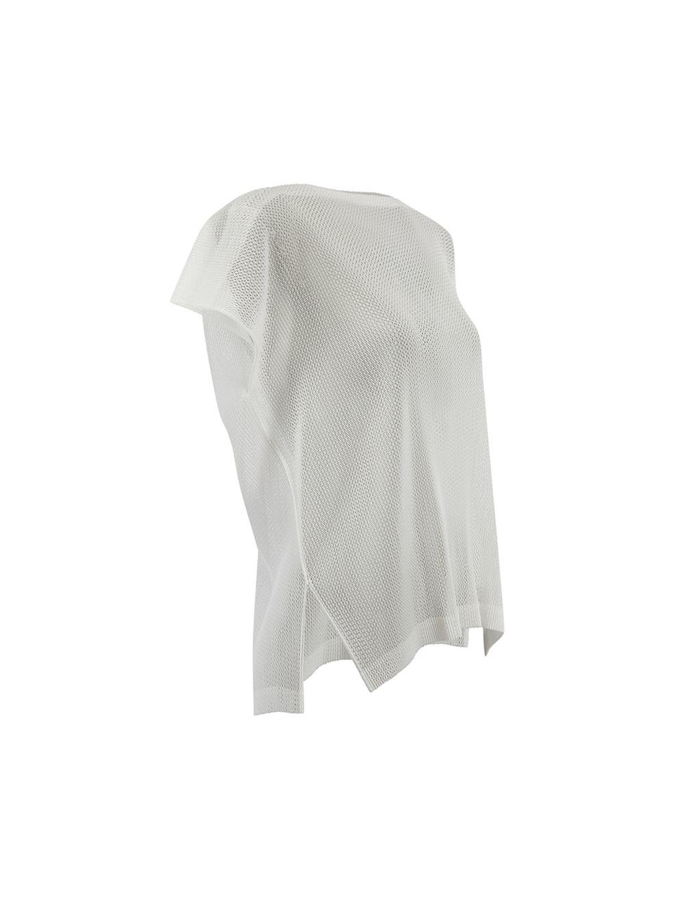 CONDITION is Never worn. No visible wear to top is evident on this used Pleats Please Issey Miyake designer resale item.
 
 Details
  White
 Polyester
 Mesh top
 Short cap sleeves
 Boat neckline
 
 
 Made in Japan
 
 Composition
 100% Polyester
 
