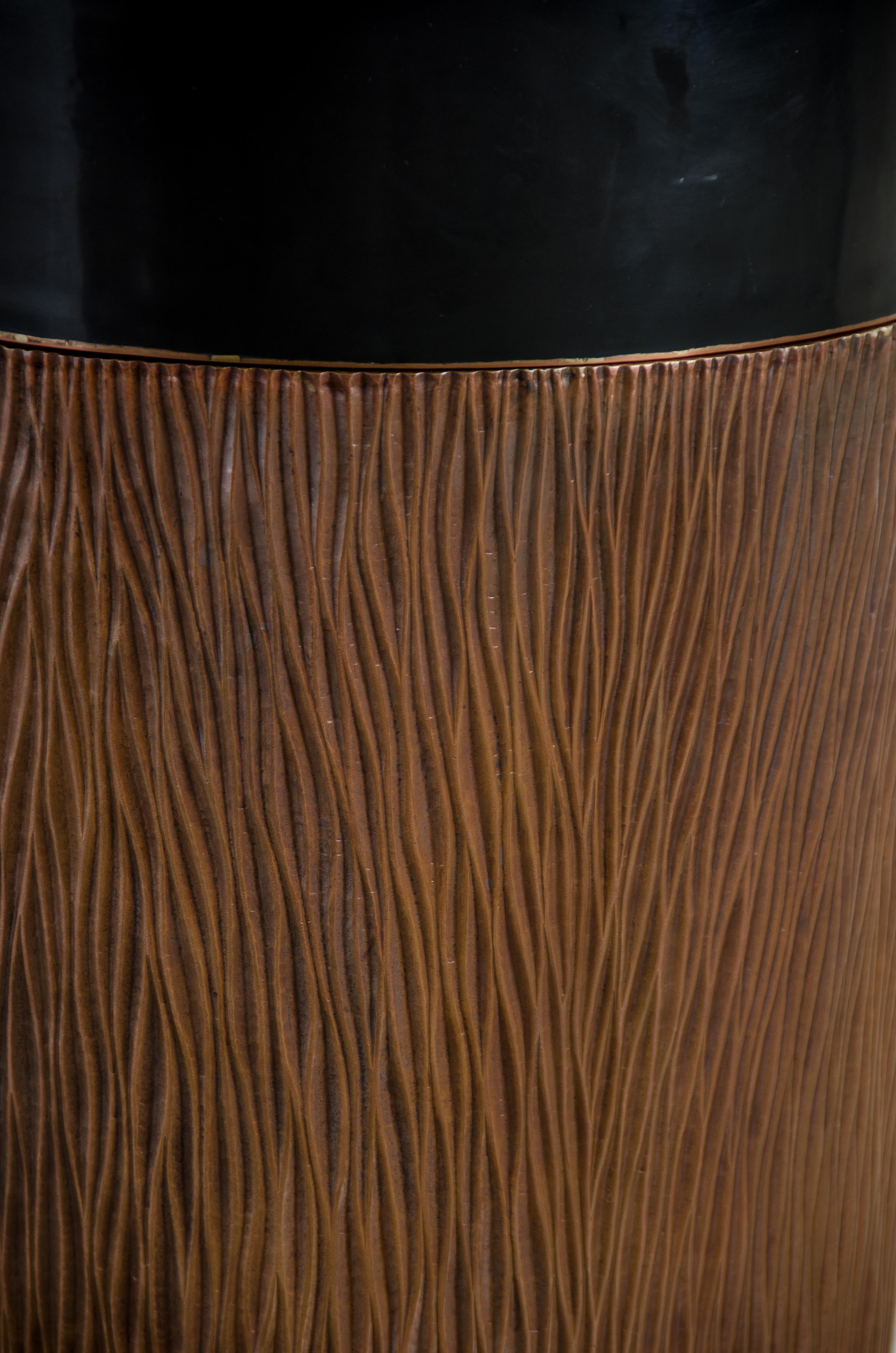 Repoussé Pleats Storage Drumstool, Antique Copper and Black Lacquer by Robert Kuo For Sale