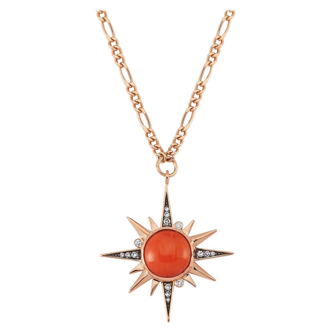 Pleiades Necklace in Rose Gold with Coral and White Diamond For Sale