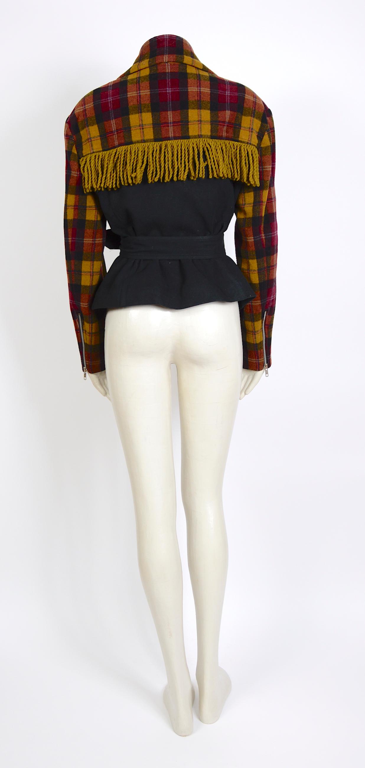 Black Plein Sud 1980s vintage wool fringed short belted jacket For Sale