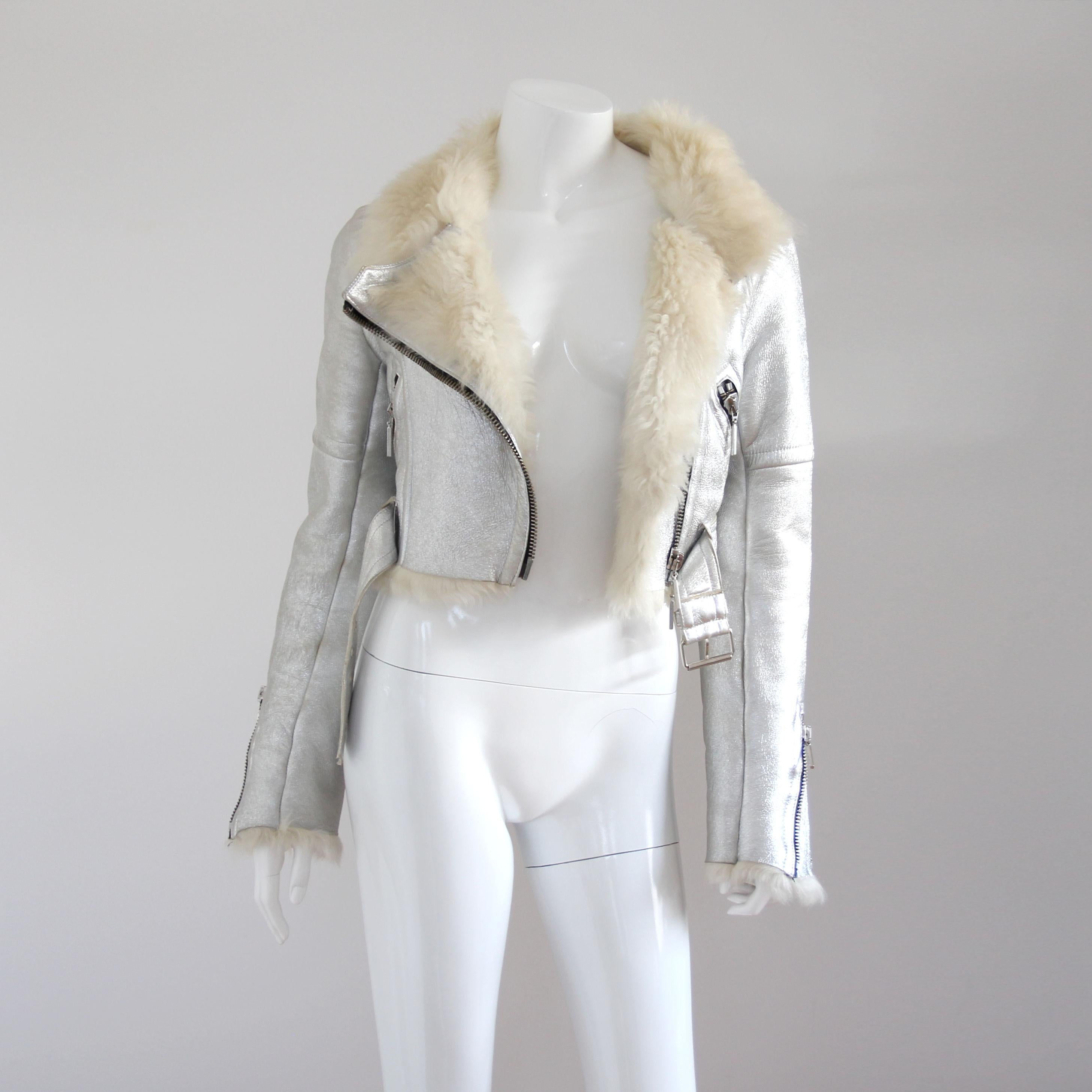 PLEIN SUD 2000s Silver Colored Leather Biker Jacket In Good Condition In Arnsberg, NW