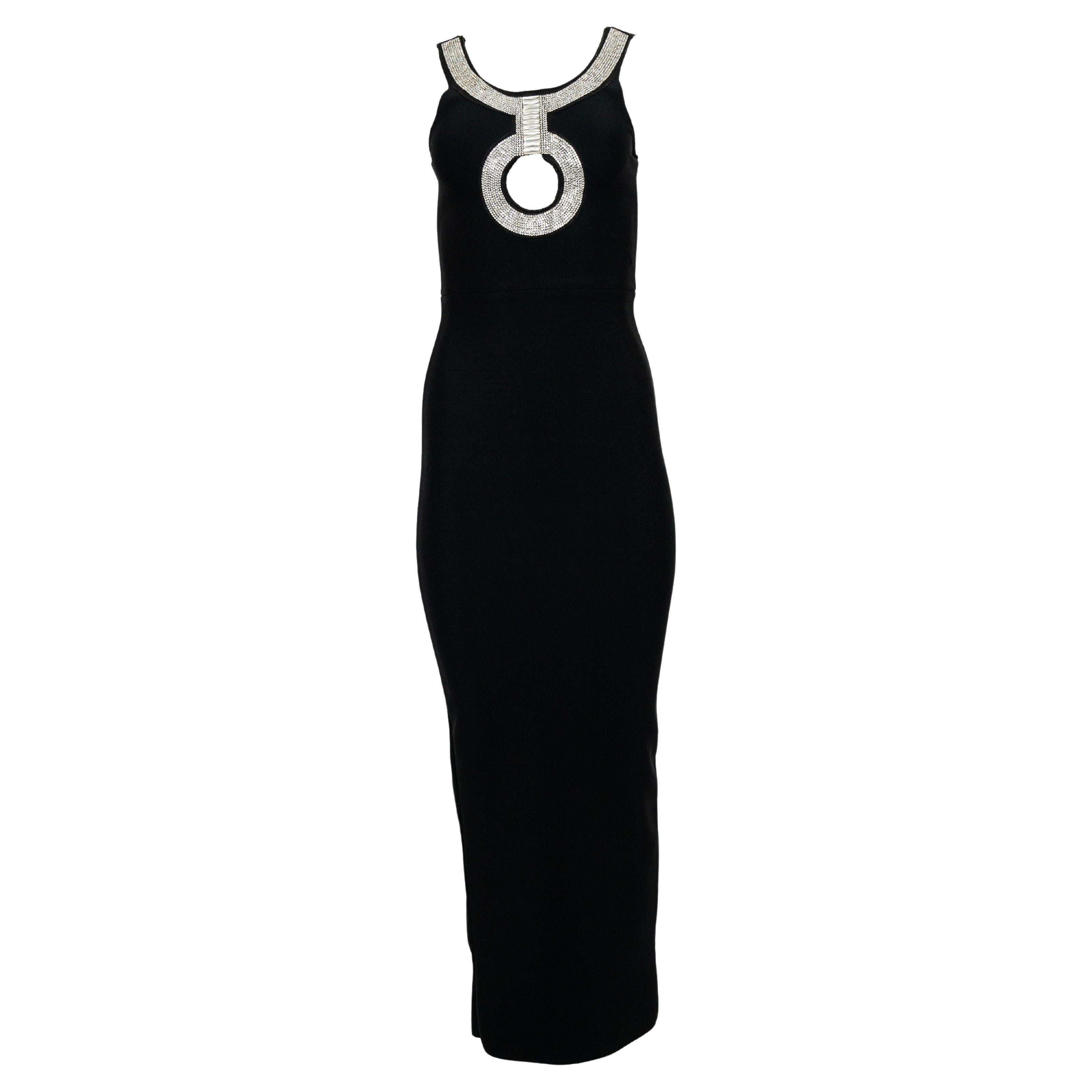 Plein Sud Black Long Evening Dress With Rhinestone Trim Cut Out