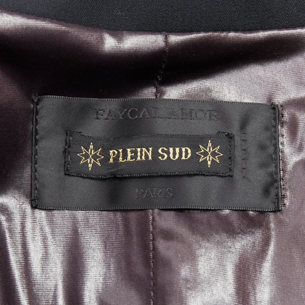Giacca blazer in pelle morbida nera con collo a punta e bottoni geometrici Plein Sud in vendita 4