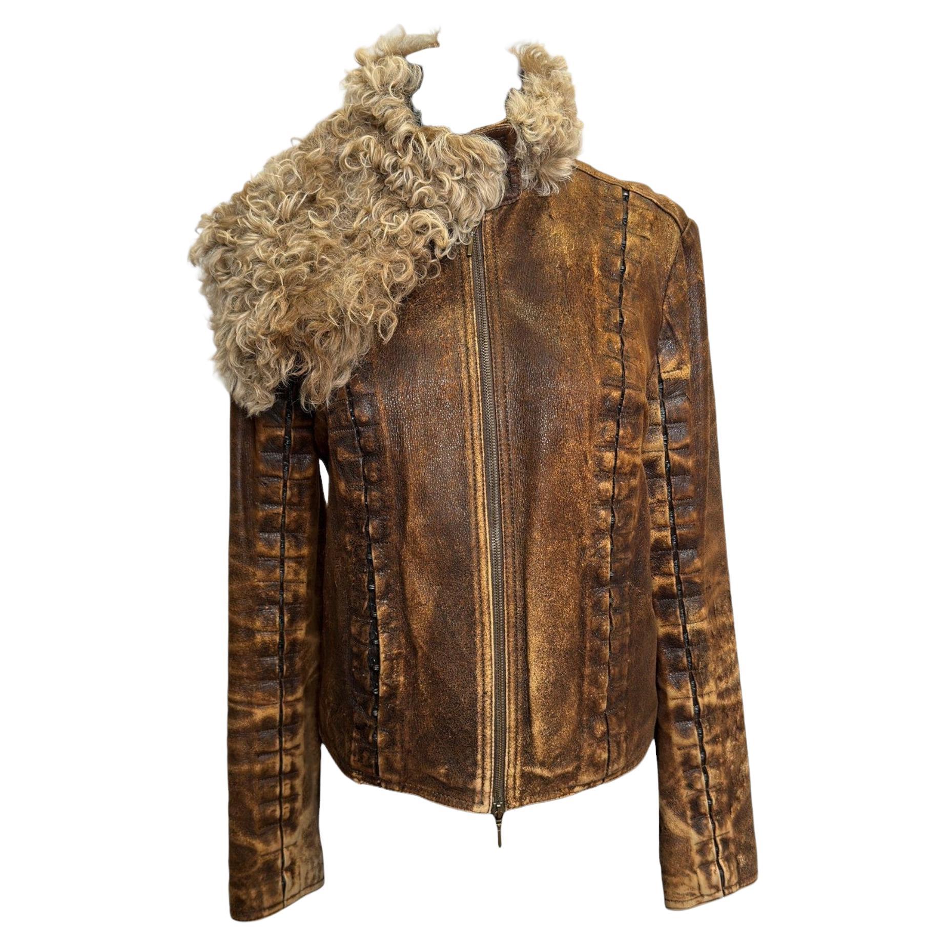 Plein Sud Early 2000s Shearling Collar Leather Jacket