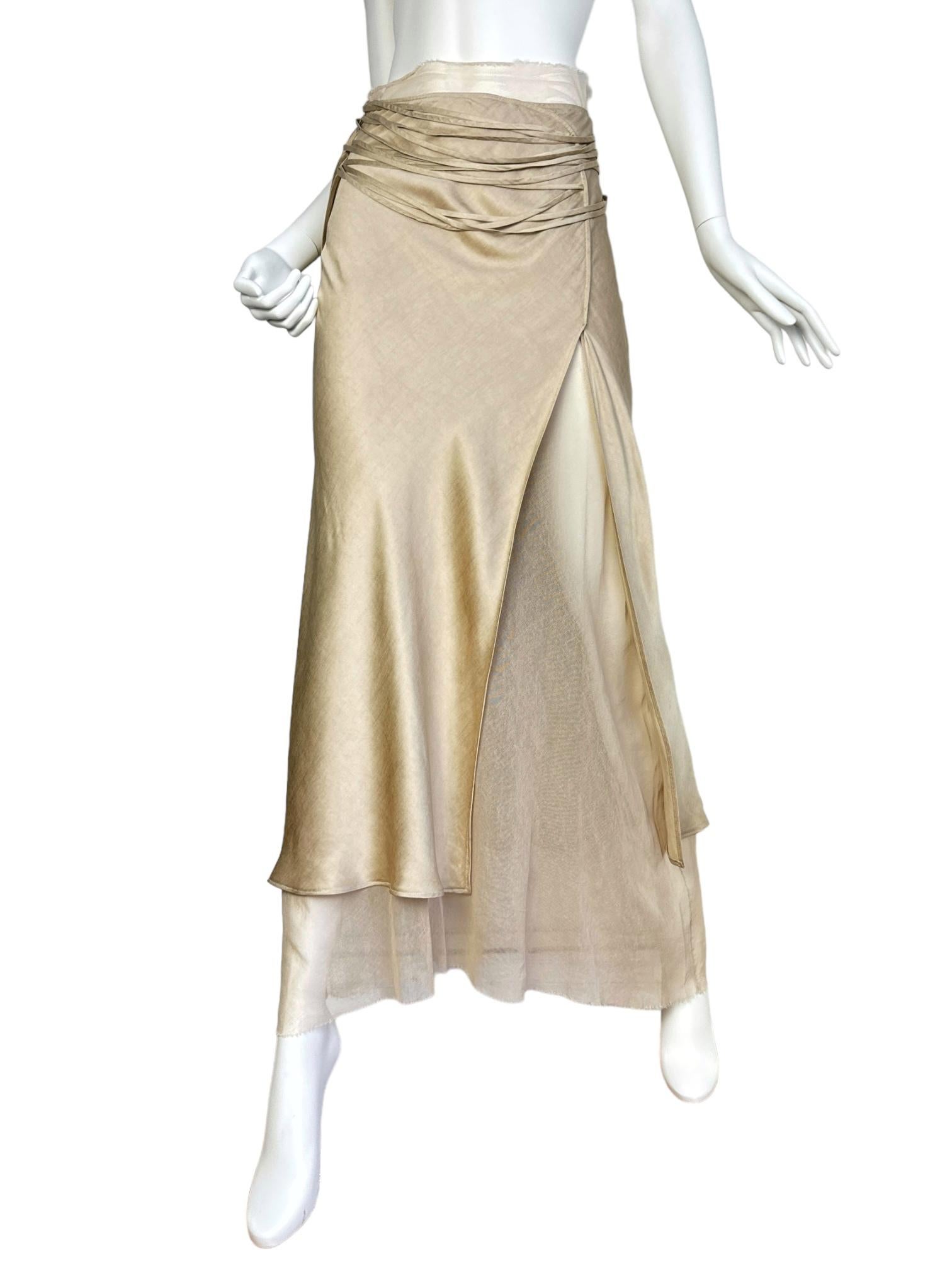 Beige Plein Sud FAYÇAL AMOR 2000s BEIGE SATIN TULLE LACED MAXI SKIRT in vendita