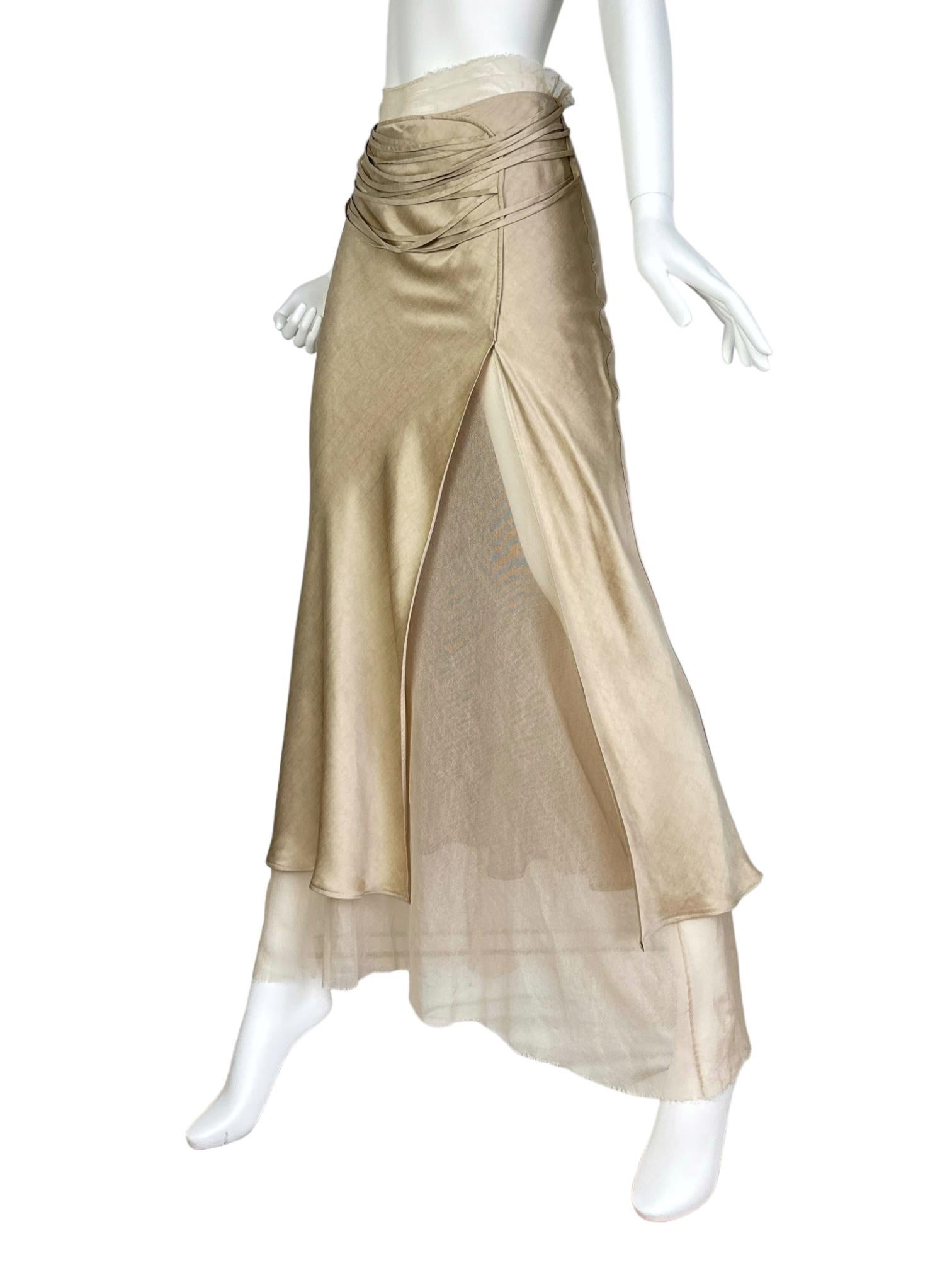 Plein Sud FAYÇAL AMOR 2000s BEIGE SATIN TULLE LACED MAXI SKIRT In condizioni ottime in vendita a PARIS, FR