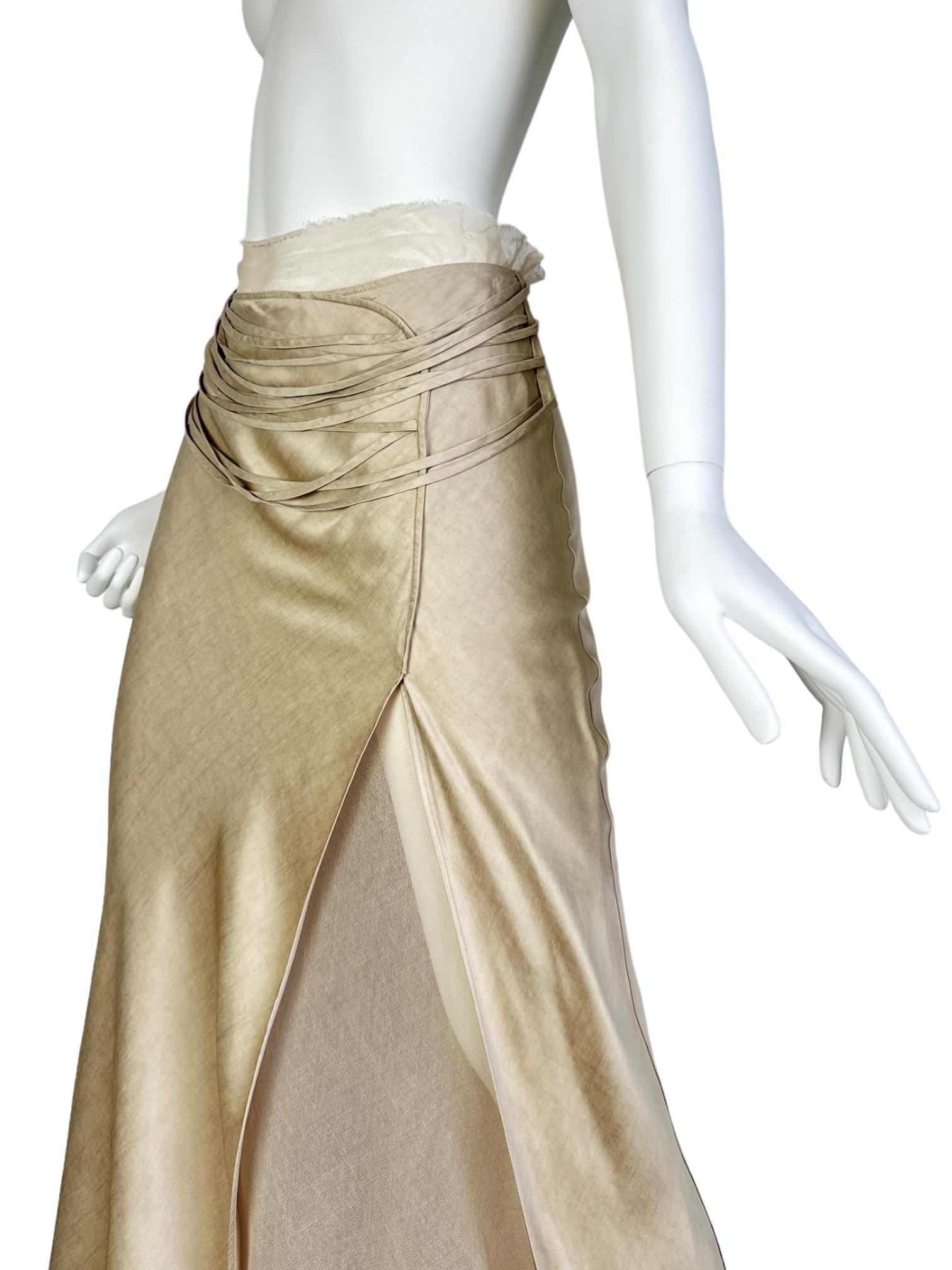 Donna Plein Sud FAYÇAL AMOR 2000s BEIGE SATIN TULLE LACED MAXI SKIRT in vendita