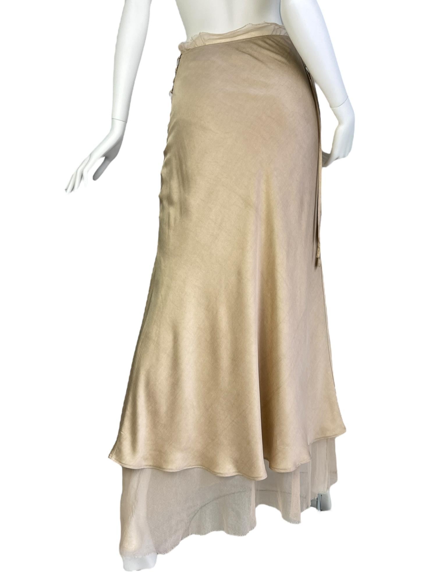 Plein Sud FAYÇAL AMOR 2000s BEIGE SATIN TULLE LACED MAXI SKIRT in vendita 3