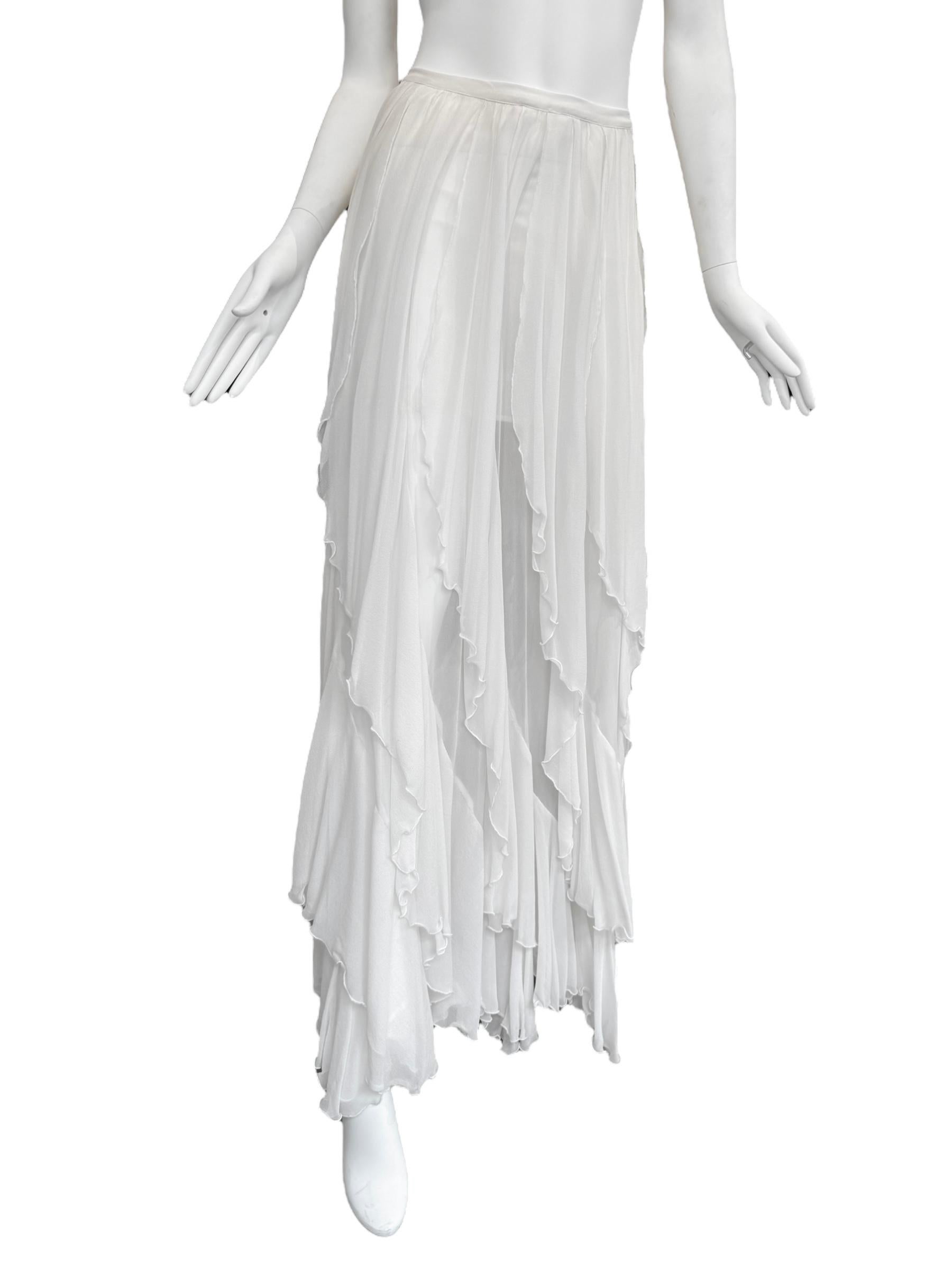 PLEIN SUD FAYÇAL AMOR 2010s FALDA MAXI EN SEDA BLANCA CASCADING RUFFLES Gris en venta