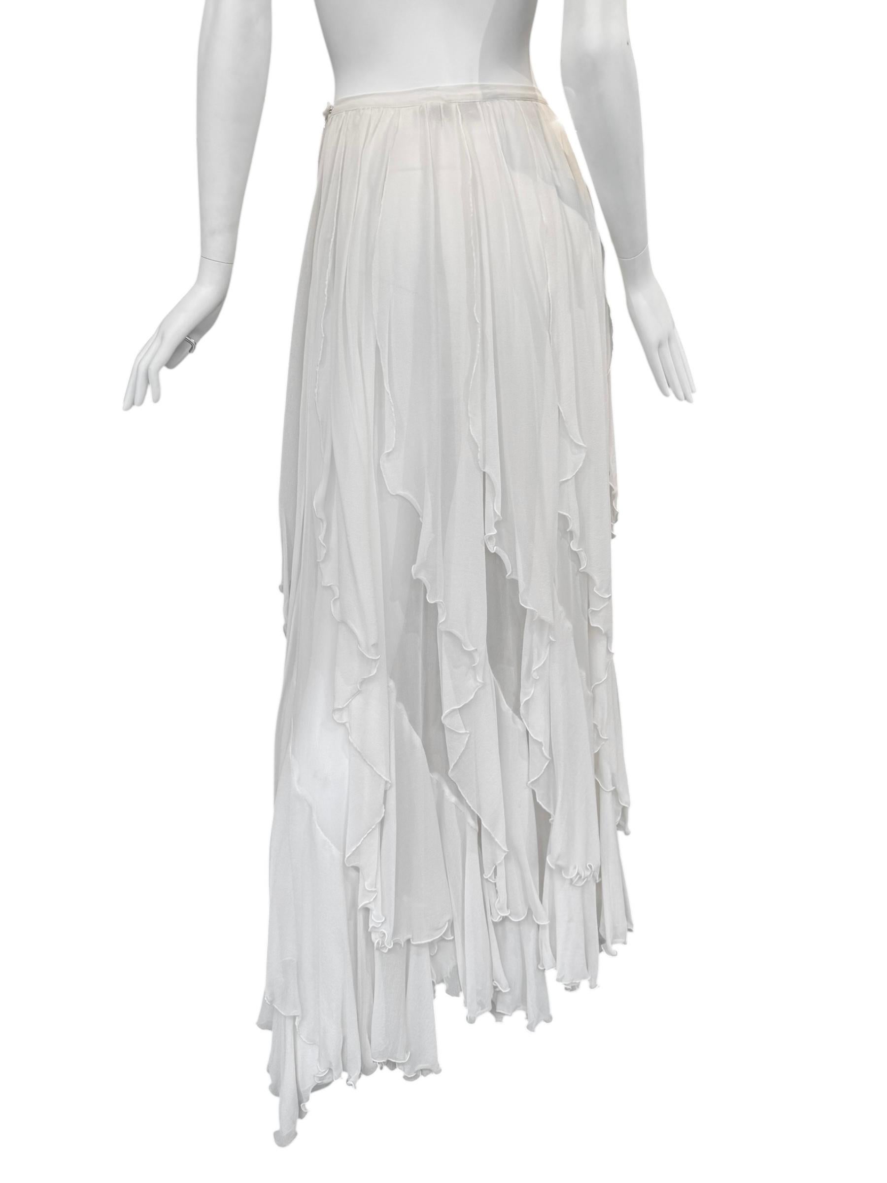 PLEIN SUD FAYÇAL AMOR 2010s FALDA MAXI EN SEDA BLANCA CASCADING RUFFLES en venta 2