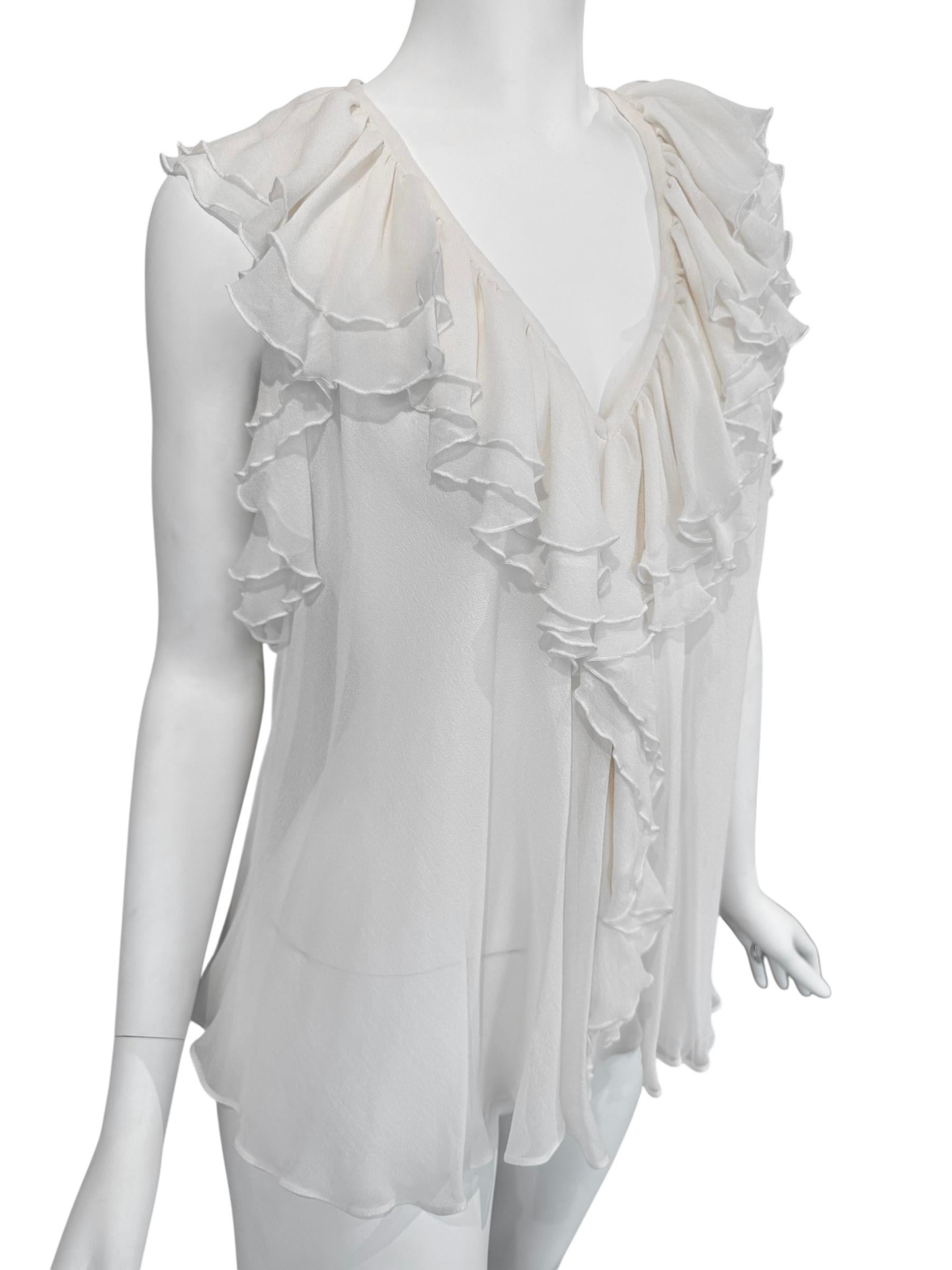 PLEIN SUD FAYÇAL AMOR 2010s BLANCO SEDA RUFFLES TANK TOP en Excelente estado para la venta en PARIS, FR