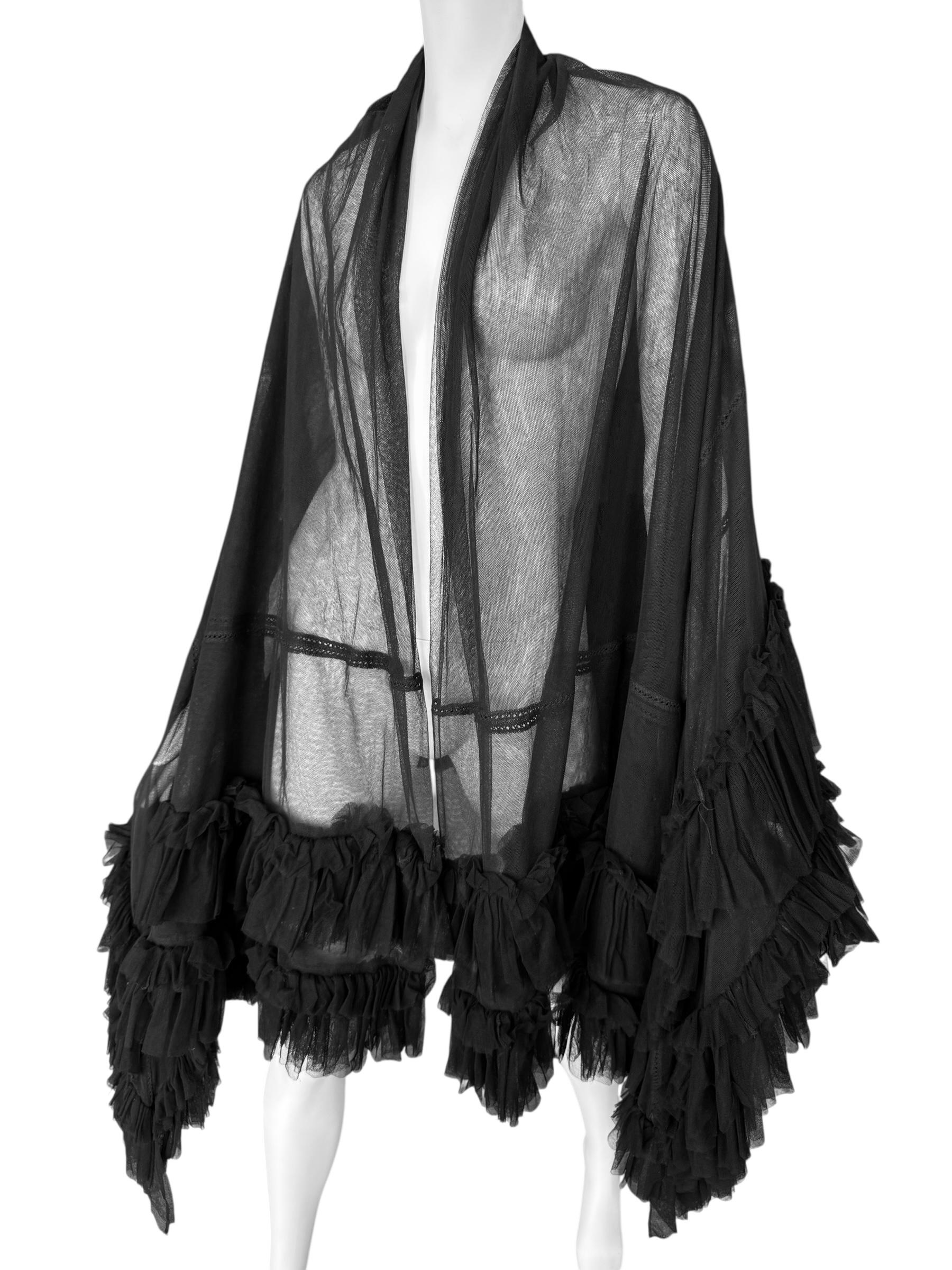 PLEIN SUD FAYÇAL AMOR fw1994 BLACK TULLE RUFFLES XXL SHAWL im Angebot 1