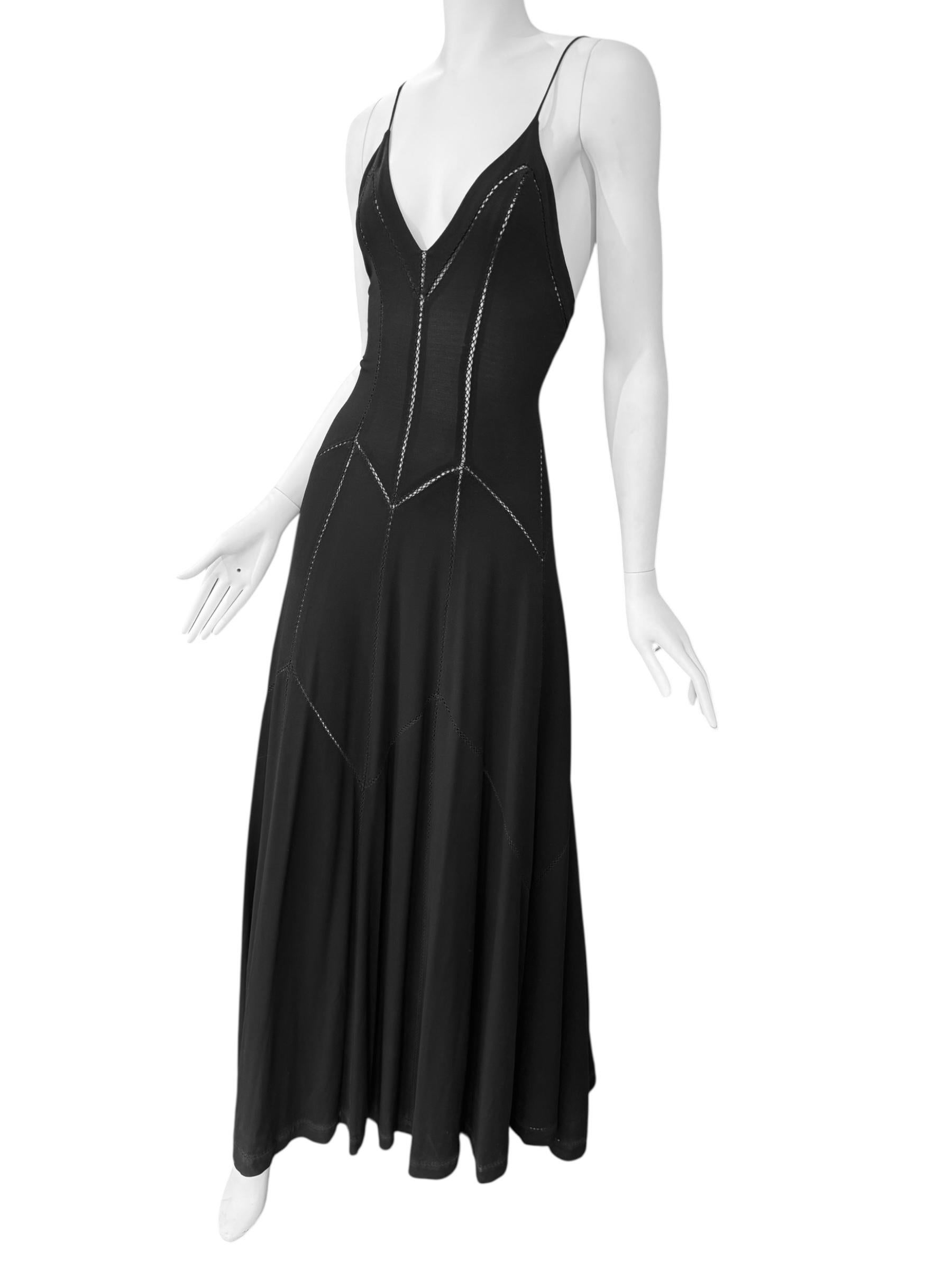 PLEIN SUD FAYÇAL AMOR ss1993 BLACK PICOT STITCHING MAXI DRESS In Excellent Condition For Sale In PARIS, FR