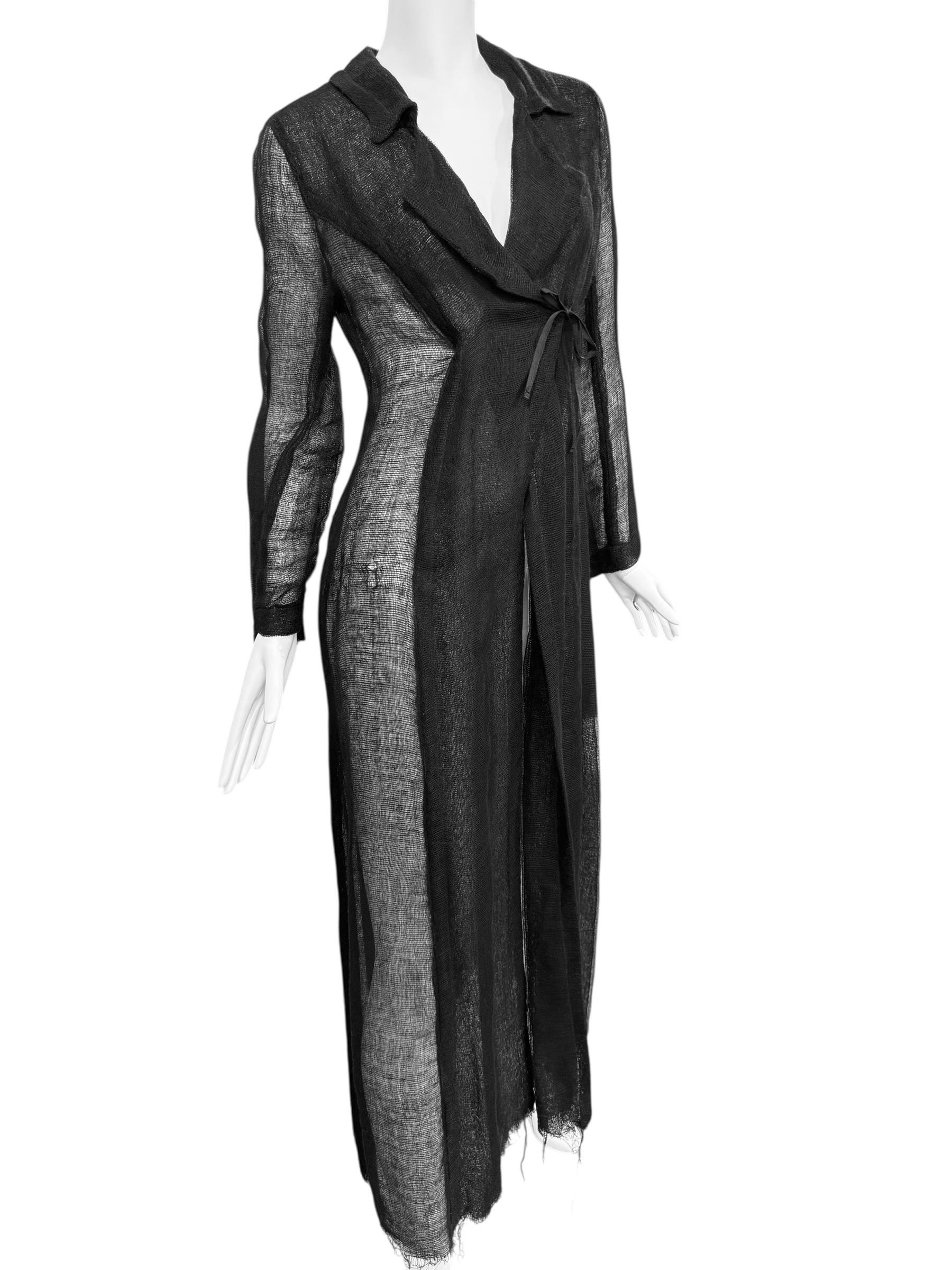 PLEIN SUD FAYÇAL AMOR ss1993 SCHWARZER RAW JUTE MAXI COAT Damen im Angebot