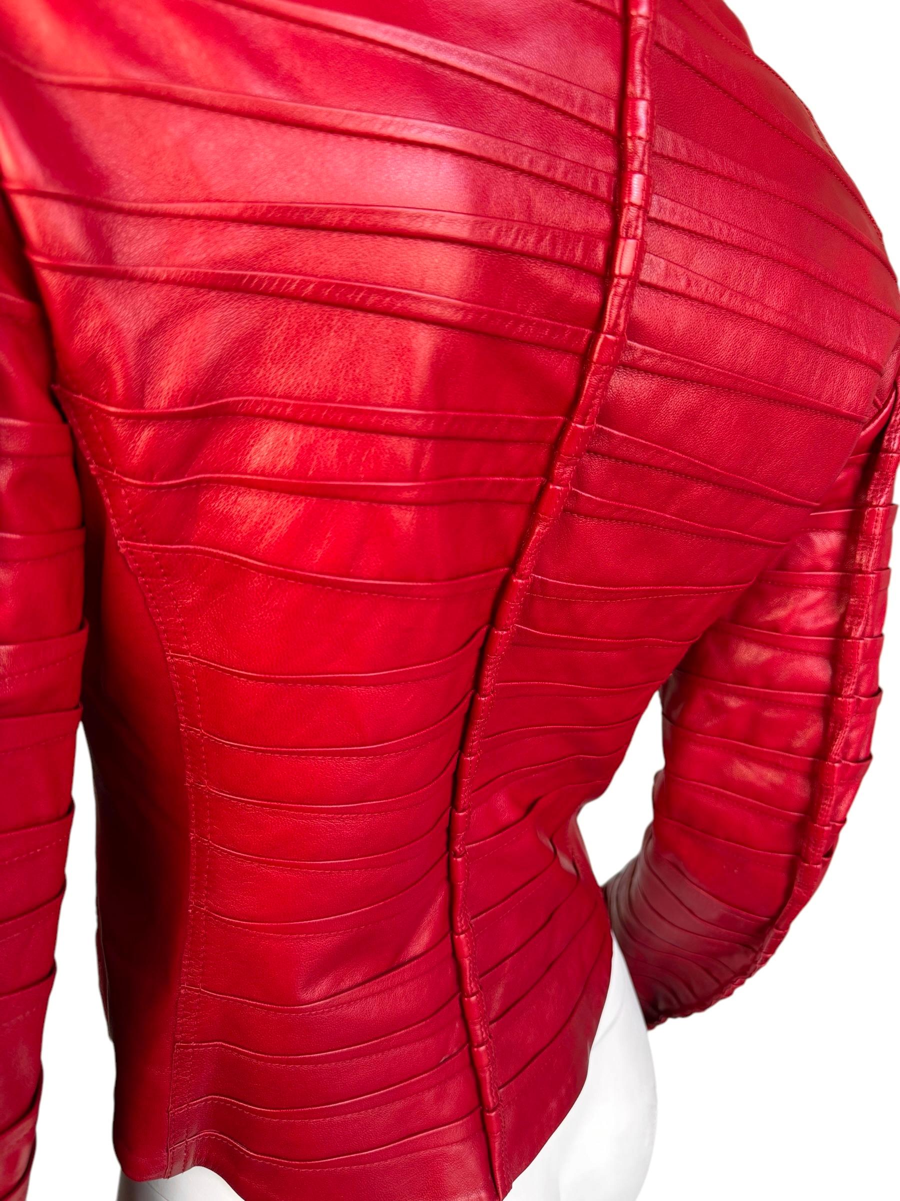 PLEIN SUD FAYÇAL AMOR ss2004 RED LAMB LEATHER DARTED JACKET For Sale 5