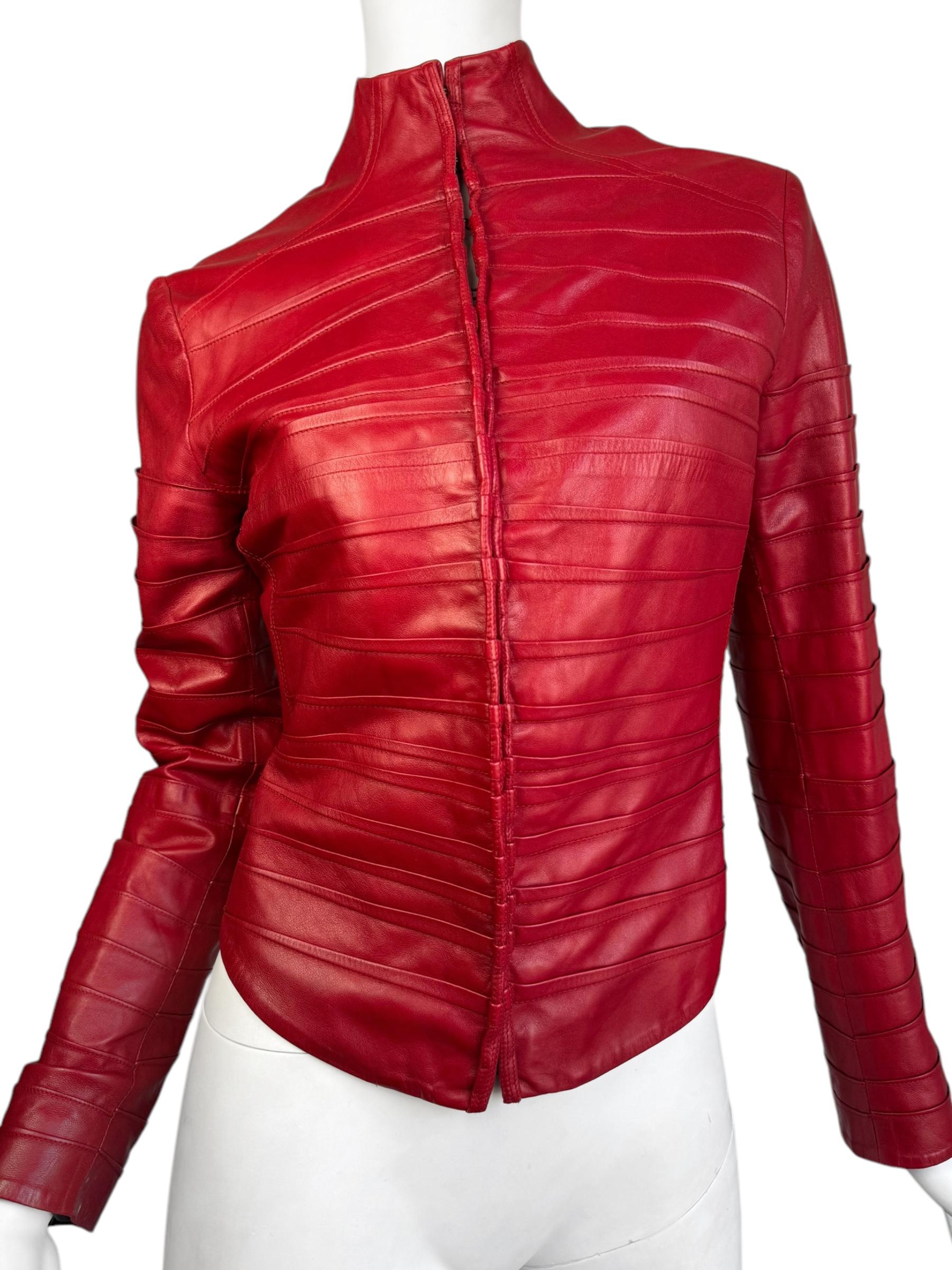 Red PLEIN SUD FAYÇAL AMOR ss2004 RED LAMB LEATHER DARTED JACKET For Sale