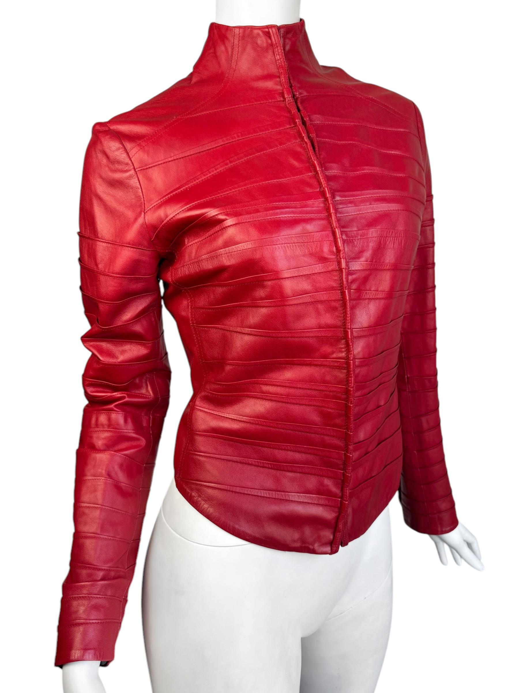 Women's PLEIN SUD FAYÇAL AMOR ss2004 RED LAMB LEATHER DARTED JACKET For Sale